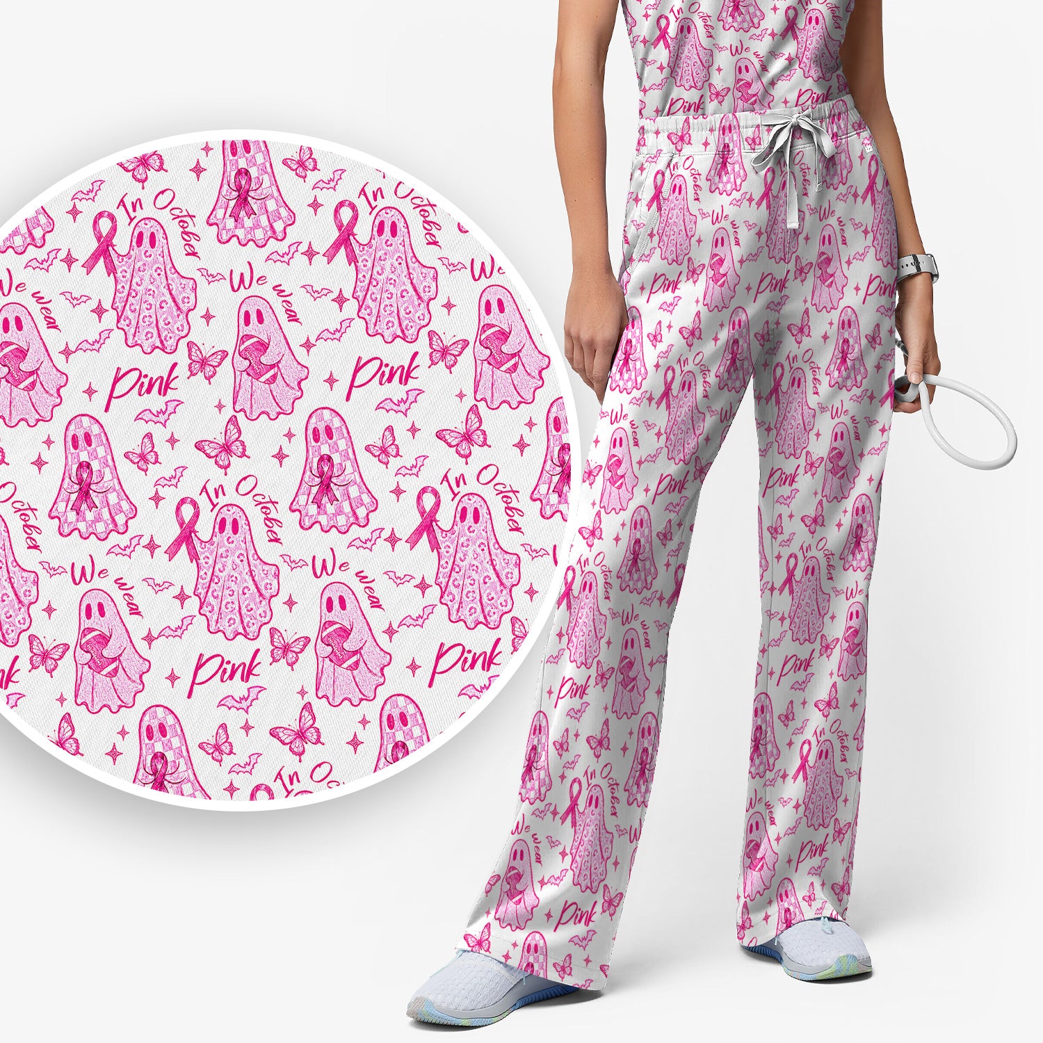 Spooky Pink Ribbon Ghost Scrub Set, Scrub Pants and V Neck Top