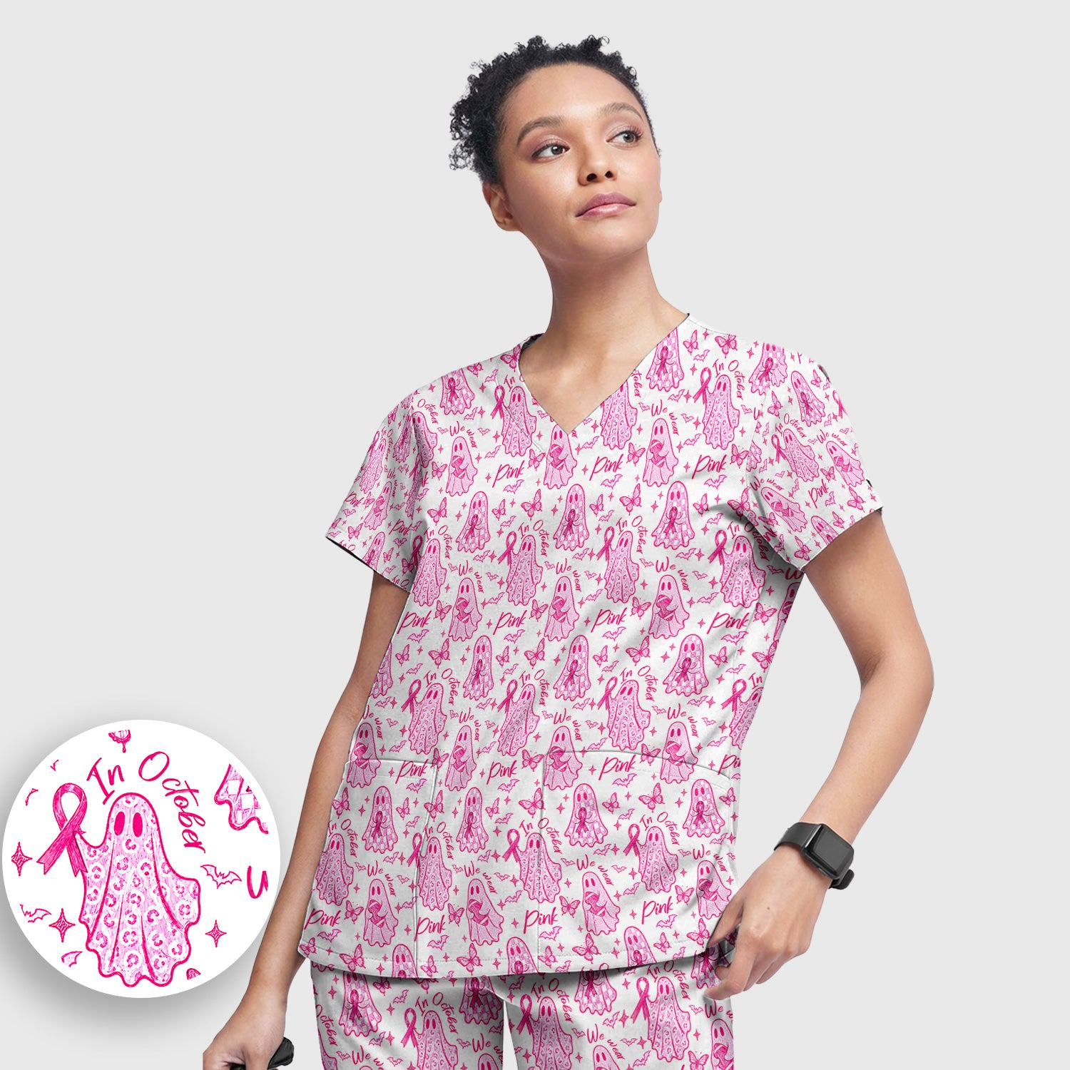 Spooky Pink Ribbon Ghost Scrub Set, Scrub Pants and V Neck Top