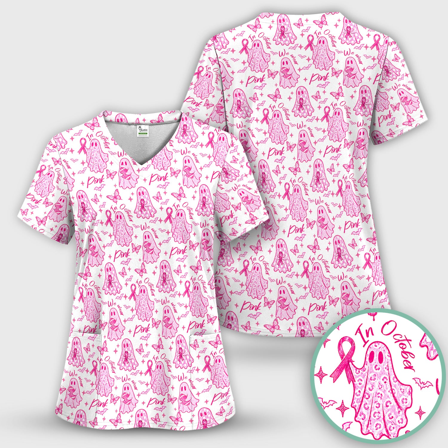 Spooky Pink Ribbon Ghost Scrub Top, Comfortable Scrubs for Nurses