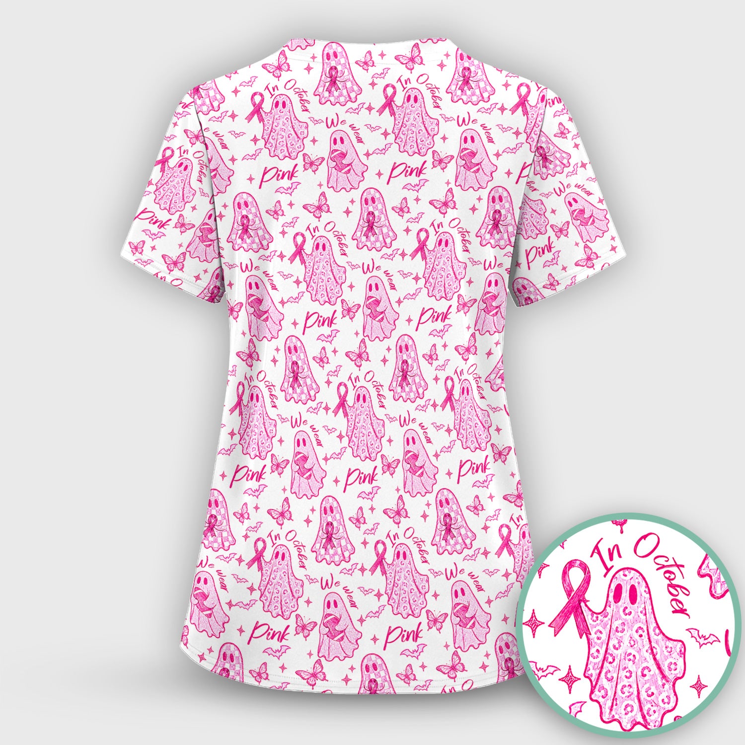Spooky Pink Ribbon Ghost Scrub Top, Comfortable Scrubs for Nurses