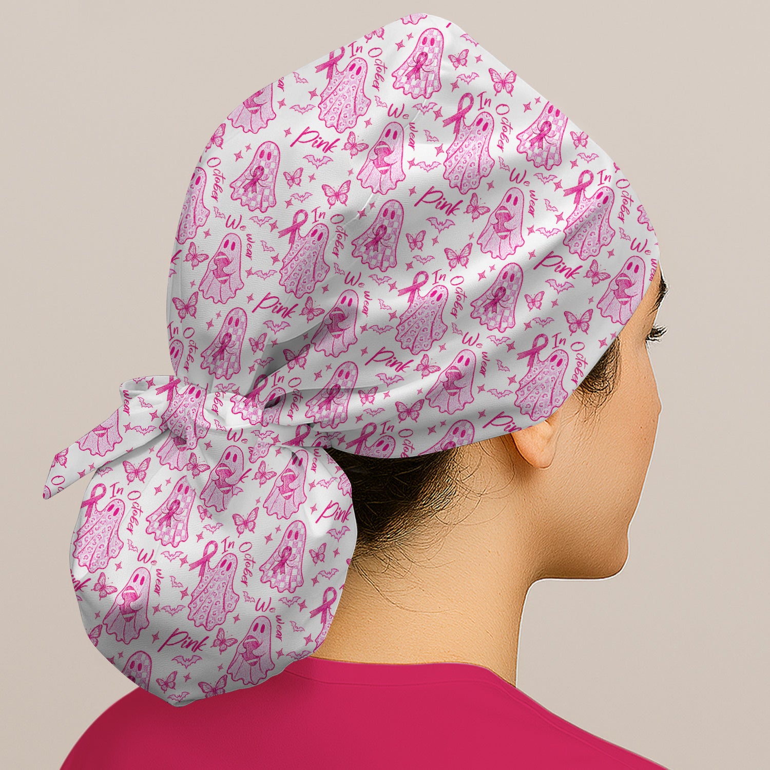 Spooky Pink Ribbon Ghost Scrub Cap, Surgical Caps for Doctors