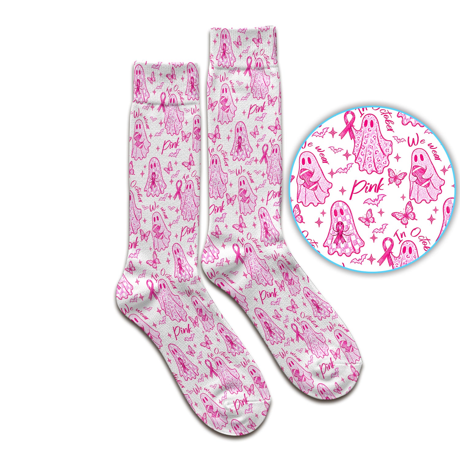 Spooky Pink Ribbon Ghost Socks, Adult Socks for Men and Women