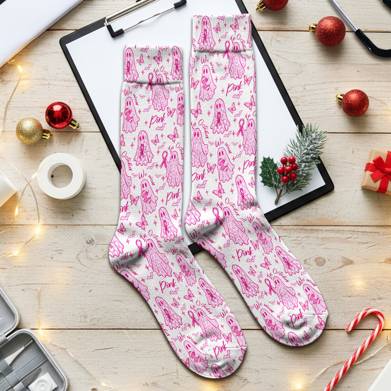 Spooky Pink Ribbon Ghost Socks, Adult Socks for Men and Women
