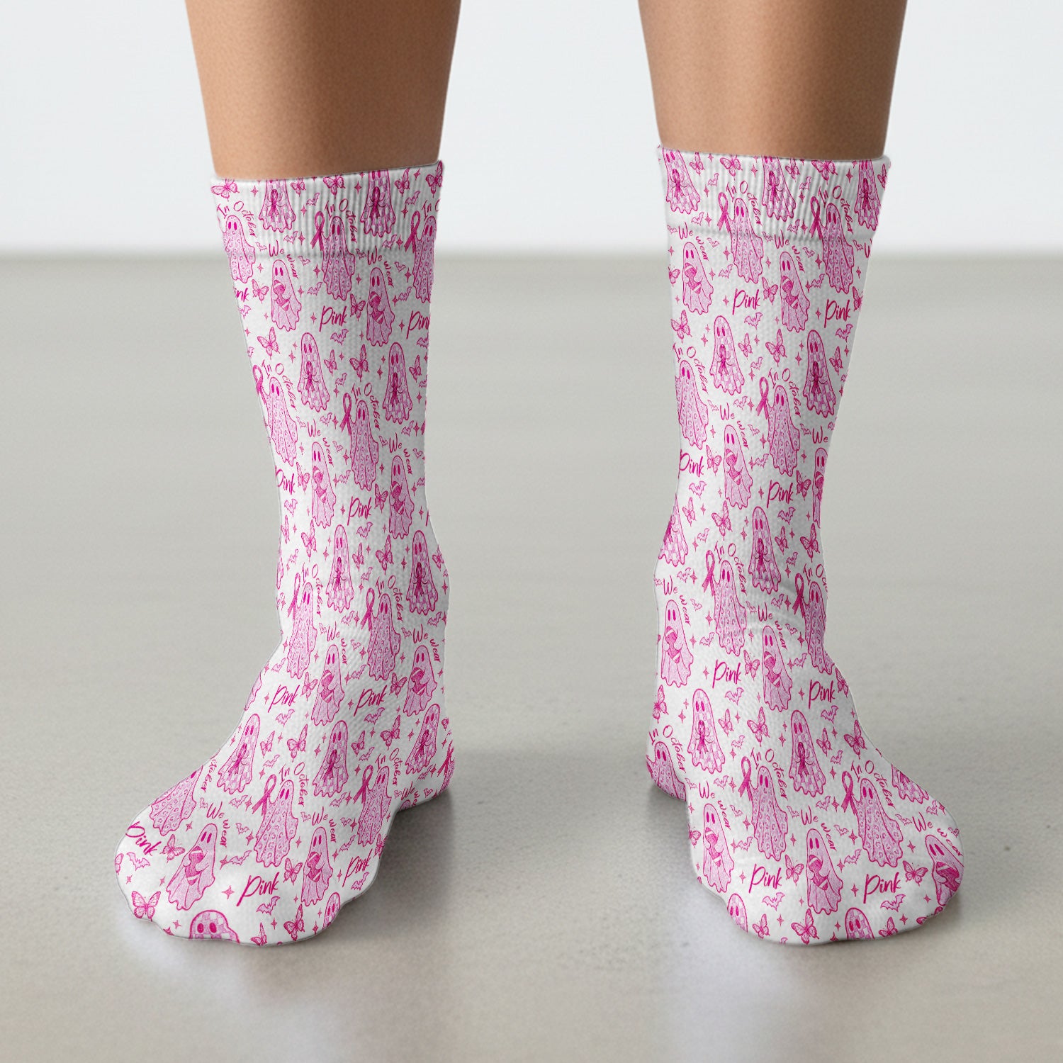 Spooky Pink Ribbon Ghost Socks, Adult Socks for Men and Women