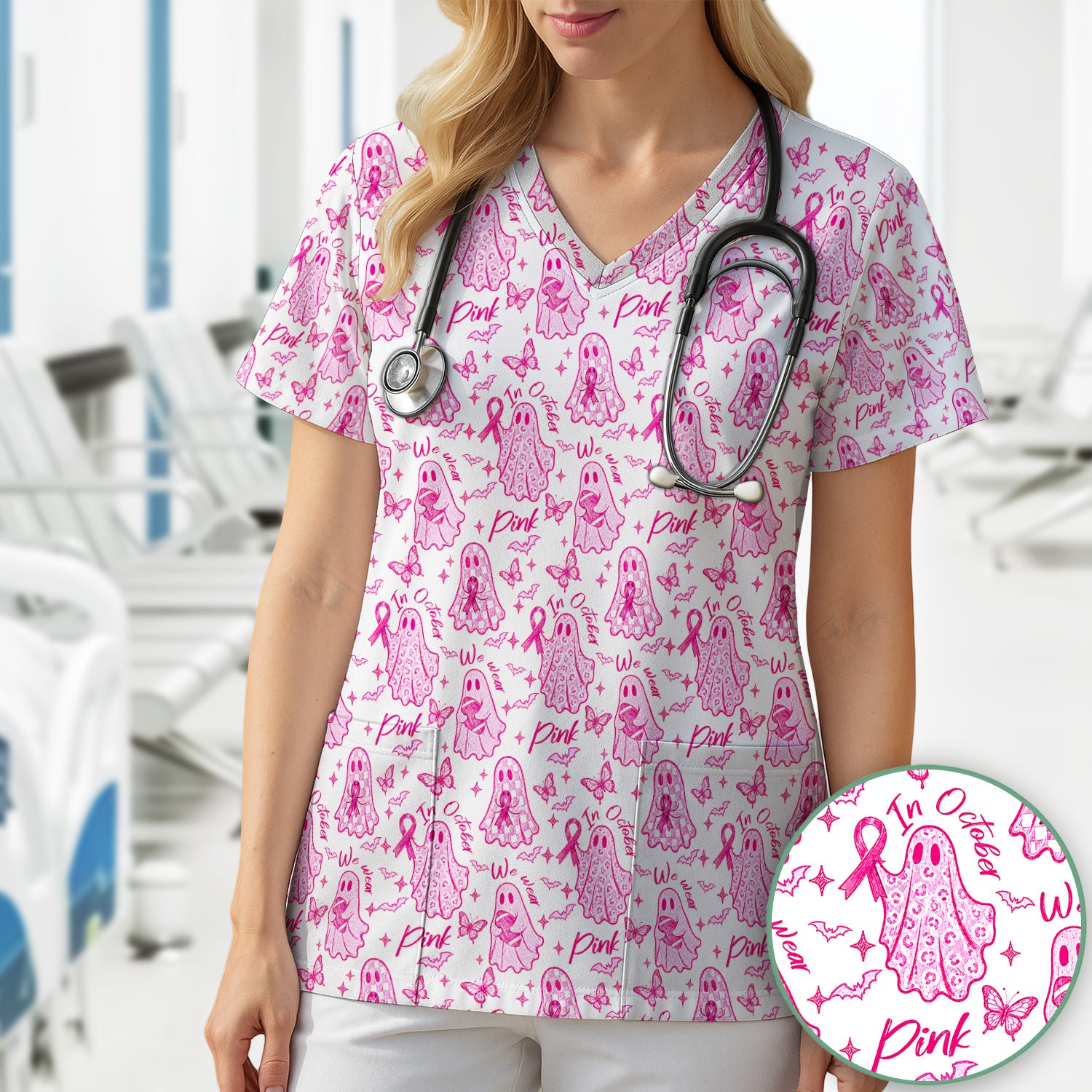 Spooky Pink Ribbon Ghost Scrub Top, Comfortable Scrubs for Nurses