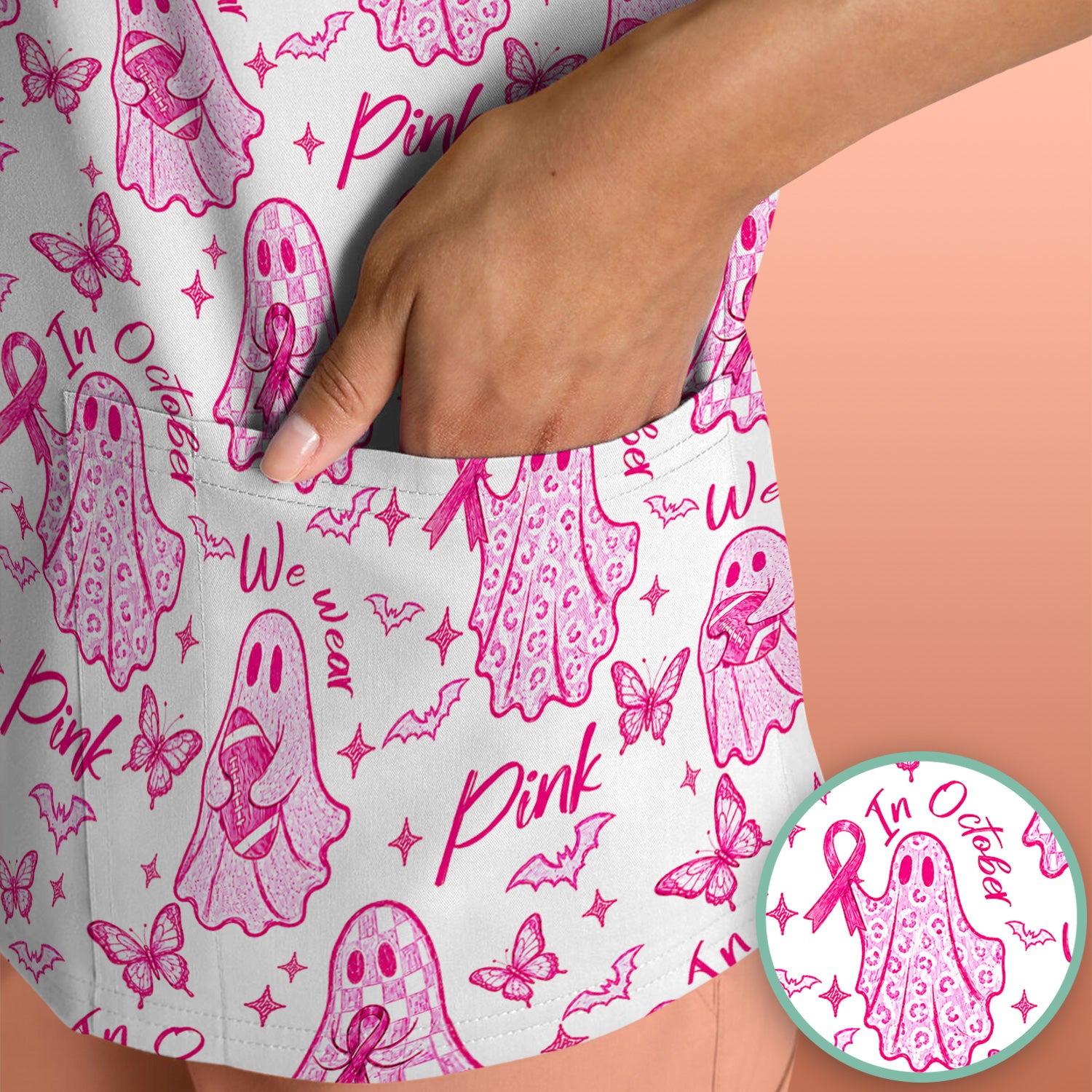 Spooky Pink Ribbon Ghost Scrub Top, Comfortable Scrubs for Nurses