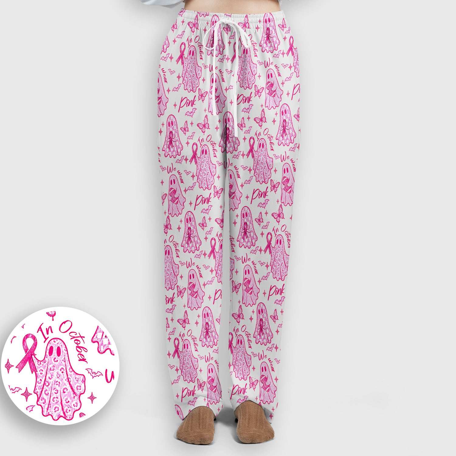 Spooky Pink Ribbon Ghost Scrub Set, Scrub Pants and V Neck Top