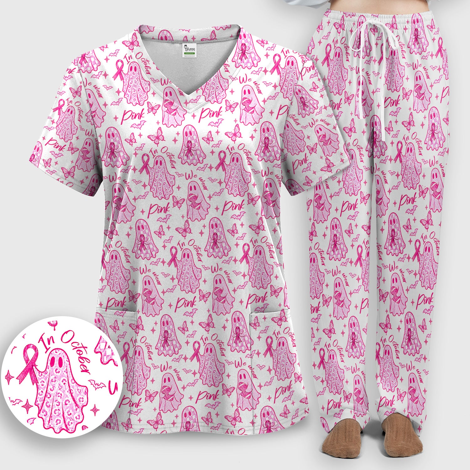 Spooky Pink Ribbon Ghost Scrub Set, Scrub Pants and V Neck Top