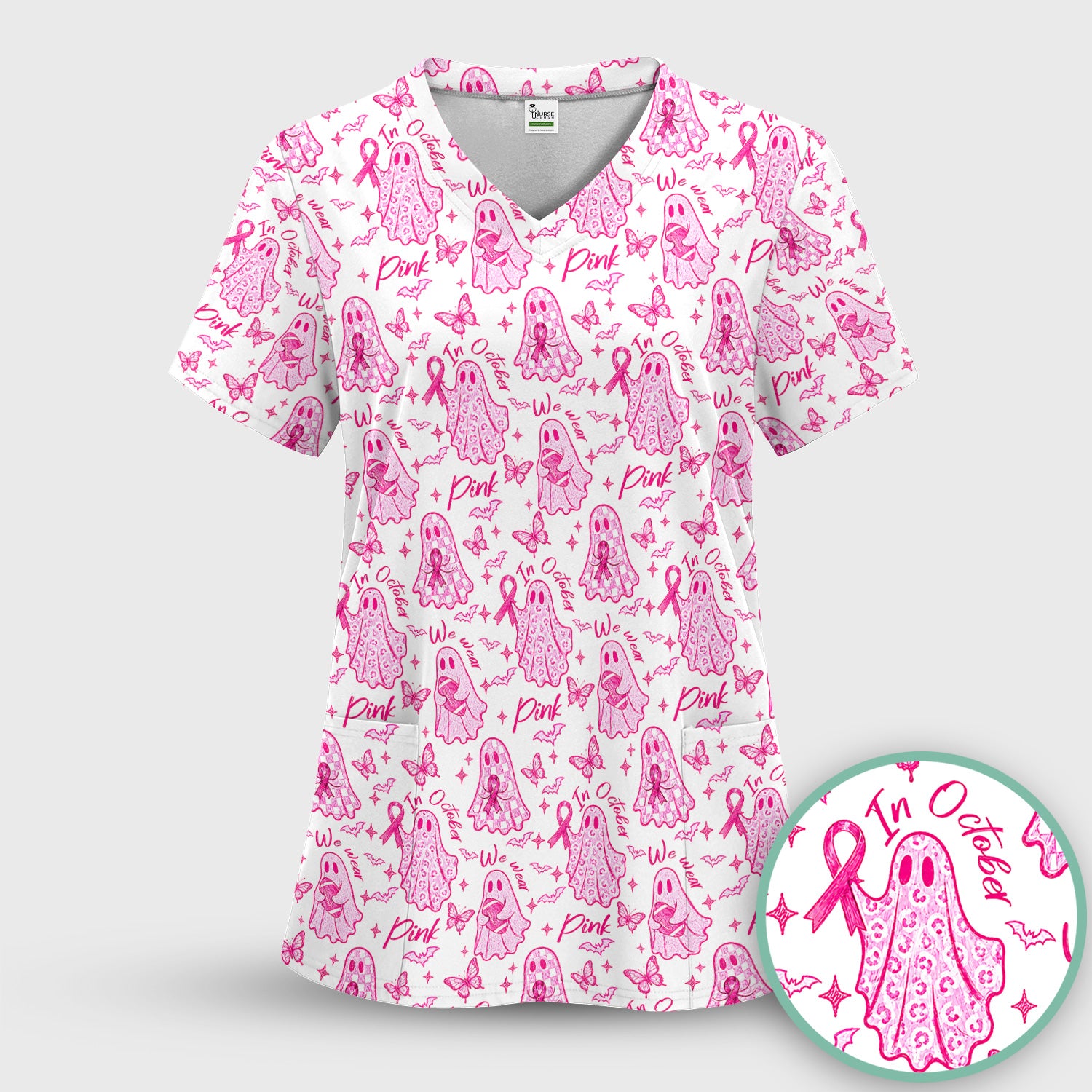 Spooky Pink Ribbon Ghost Scrub Top, Comfortable Scrubs for Nurses