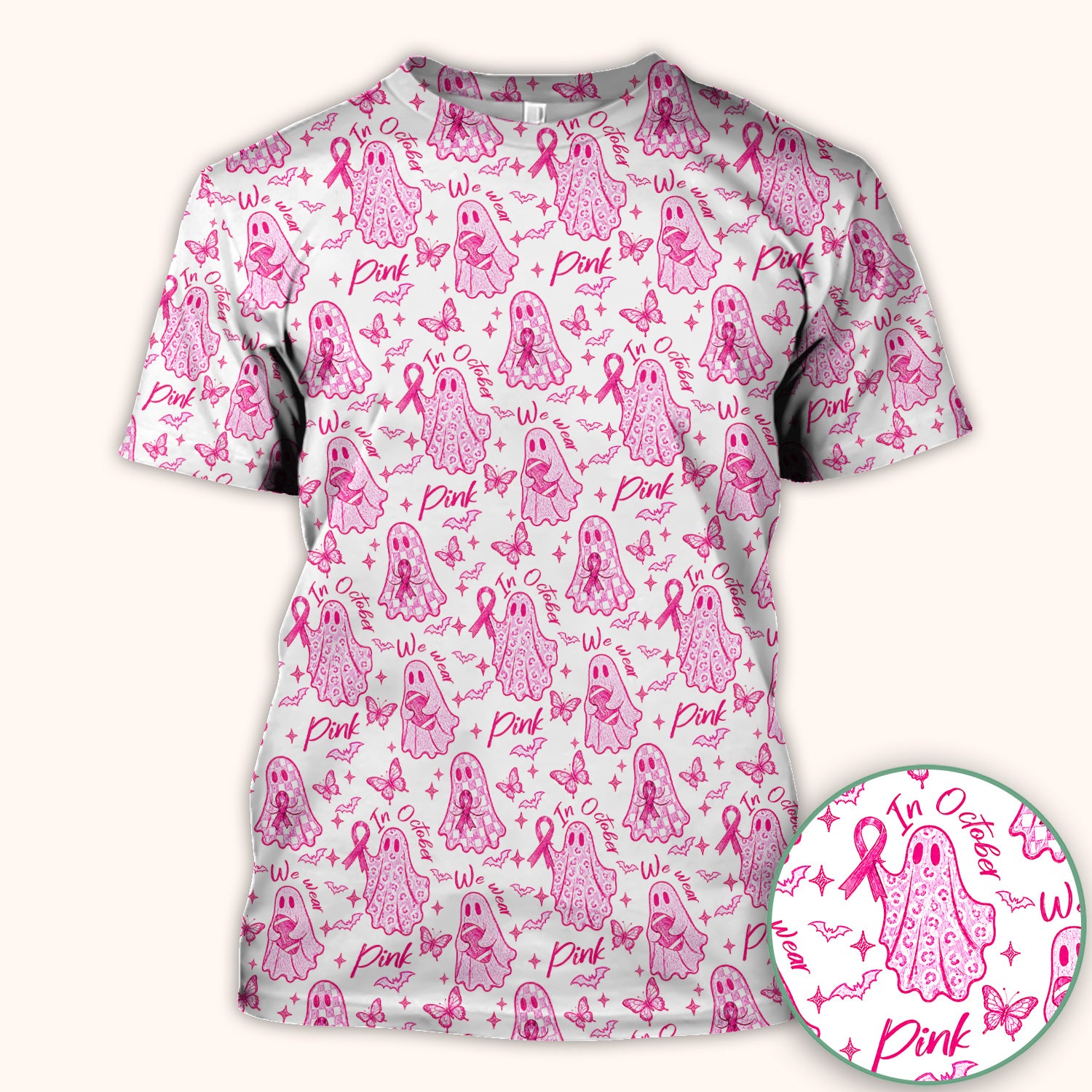 Spooky Pink Ribbon Ghost Scrub Top, Comfortable Scrubs for Nurses