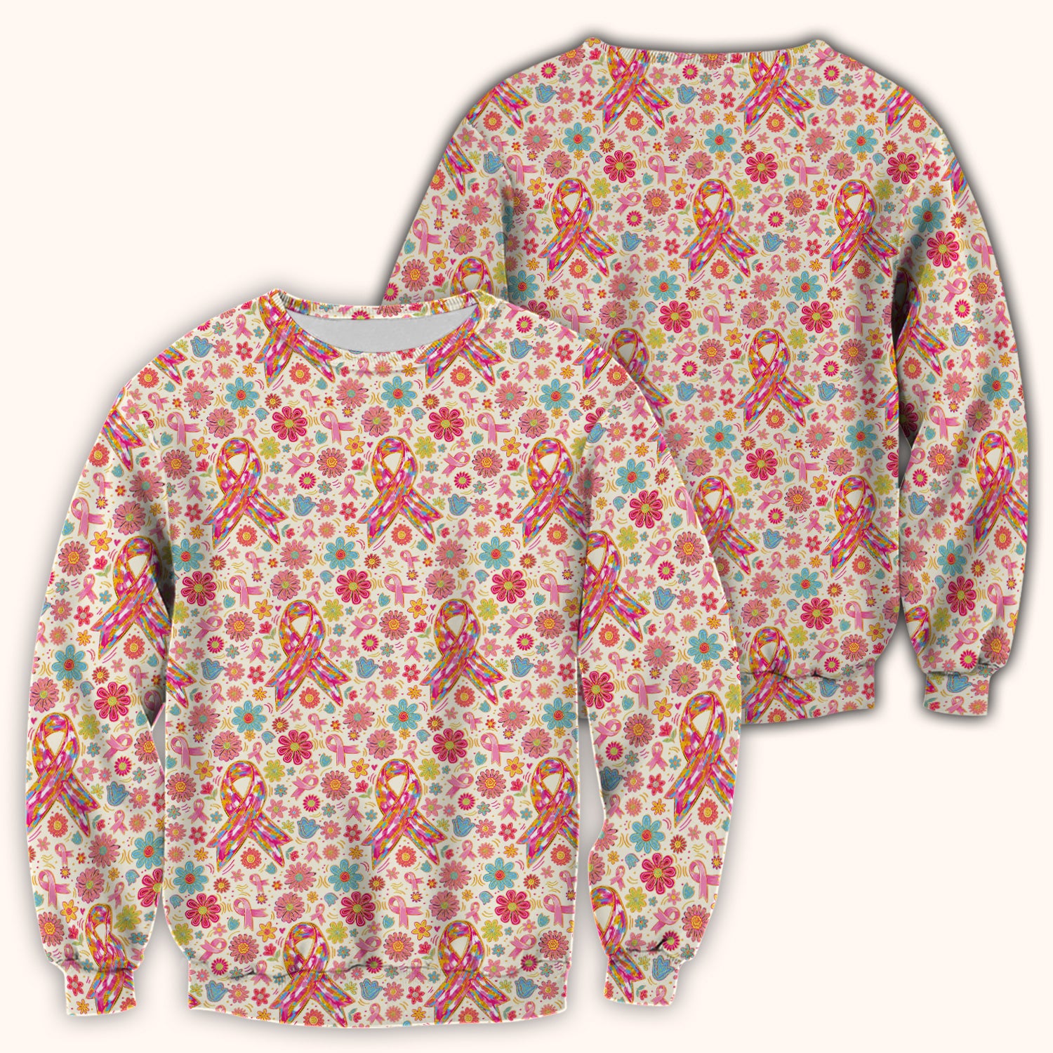 Colorful Pink Ribbon Floral Breast Cancer Scrub Top, Comfortable Scrubs for Nurses