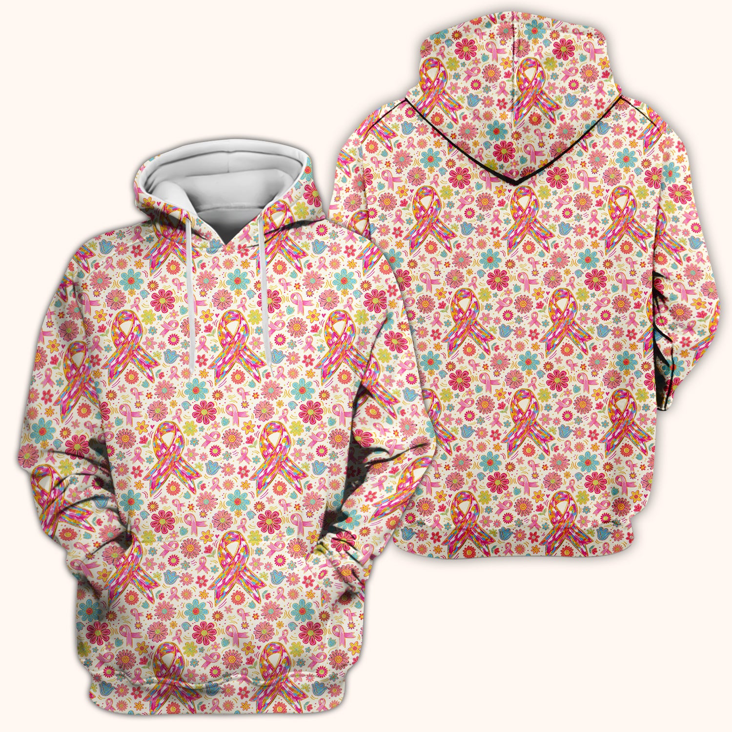 Colorful Pink Ribbon Floral Breast Cancer Scrub Top, Comfortable Scrubs for Nurses