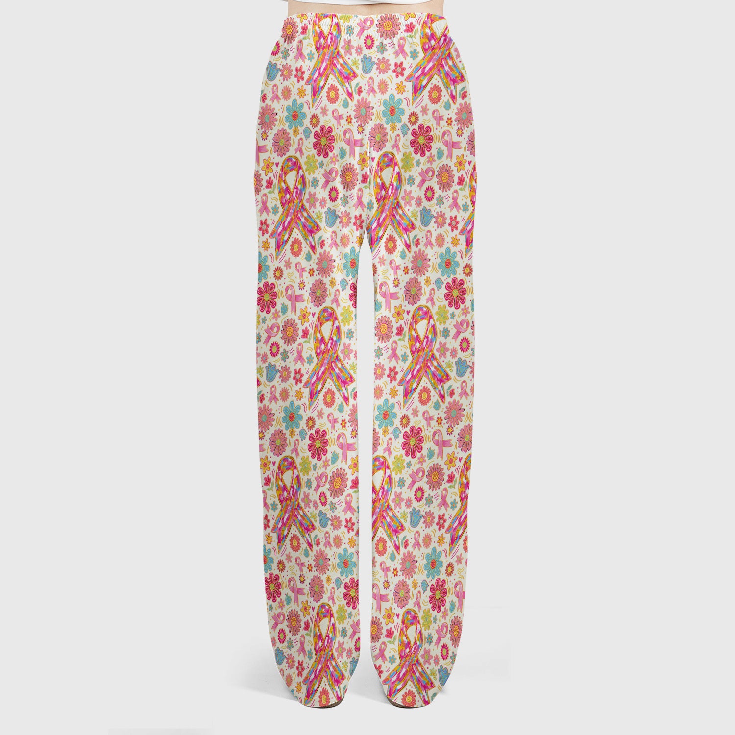 Colorful Pink Ribbon Floral Scrub Set, Scrub Pants and V Neck Top