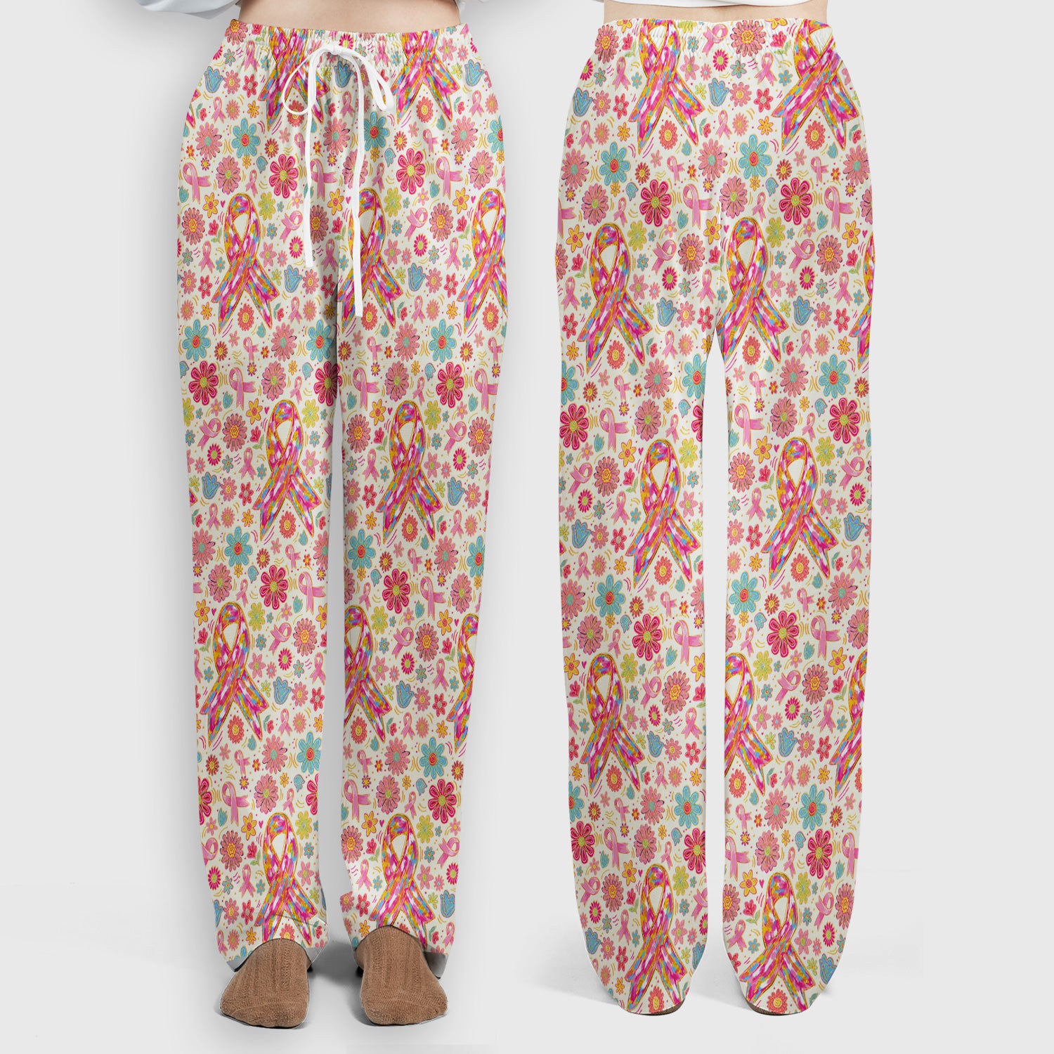 Colorful Pink Ribbon Floral Scrub Set, Scrub Pants and V Neck Top