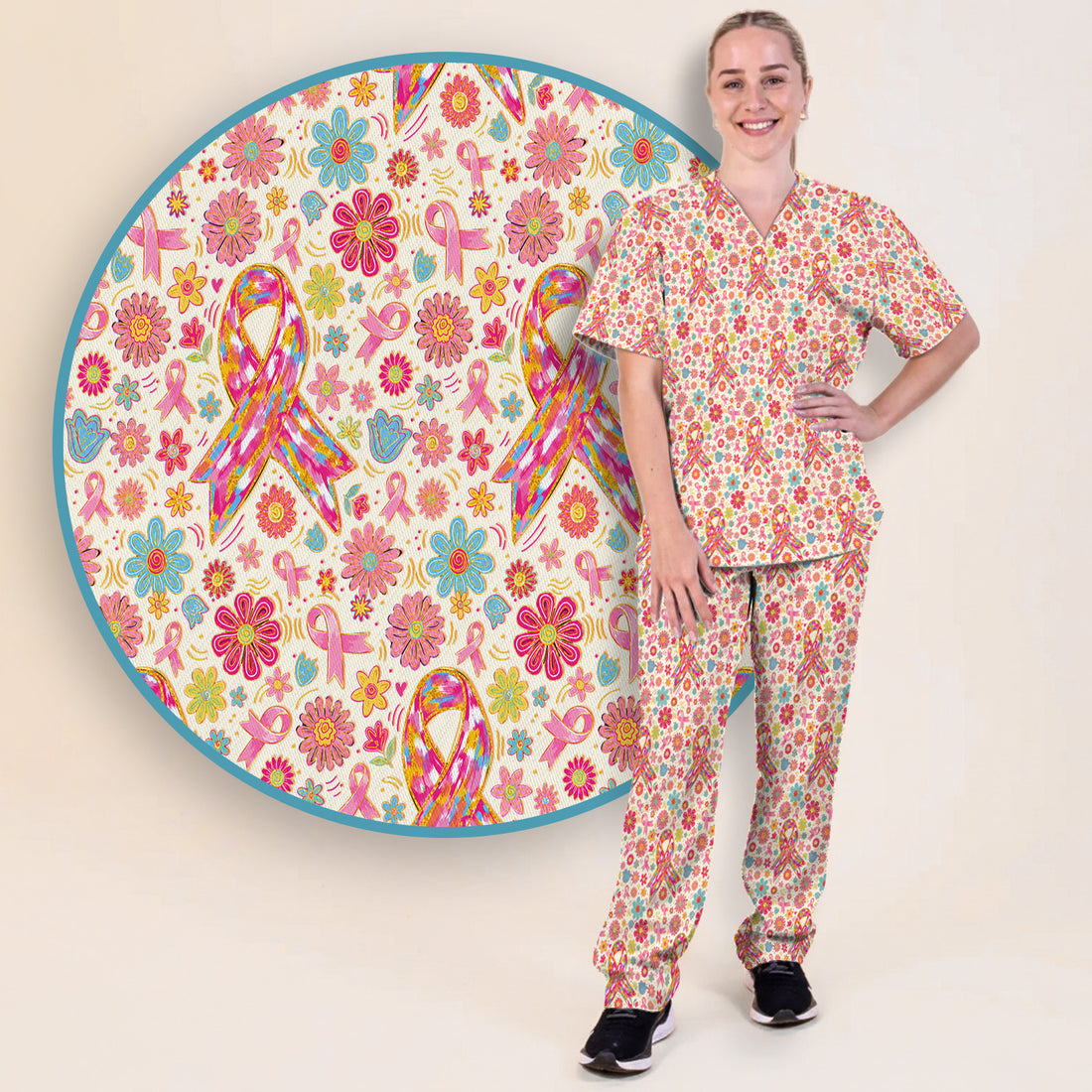 Colorful Pink Ribbon Floral Scrub Set, Scrub Pants and V Neck Top
