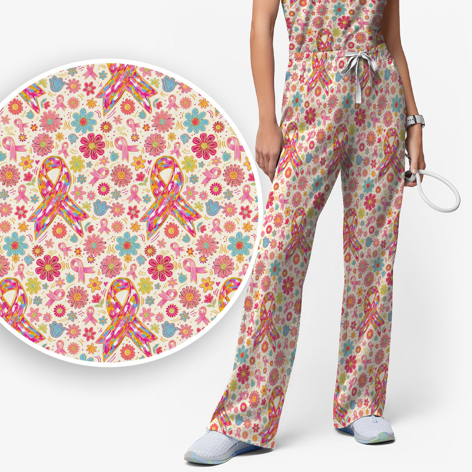 Colorful Pink Ribbon Floral Scrub Set, Scrub Pants and V Neck Top