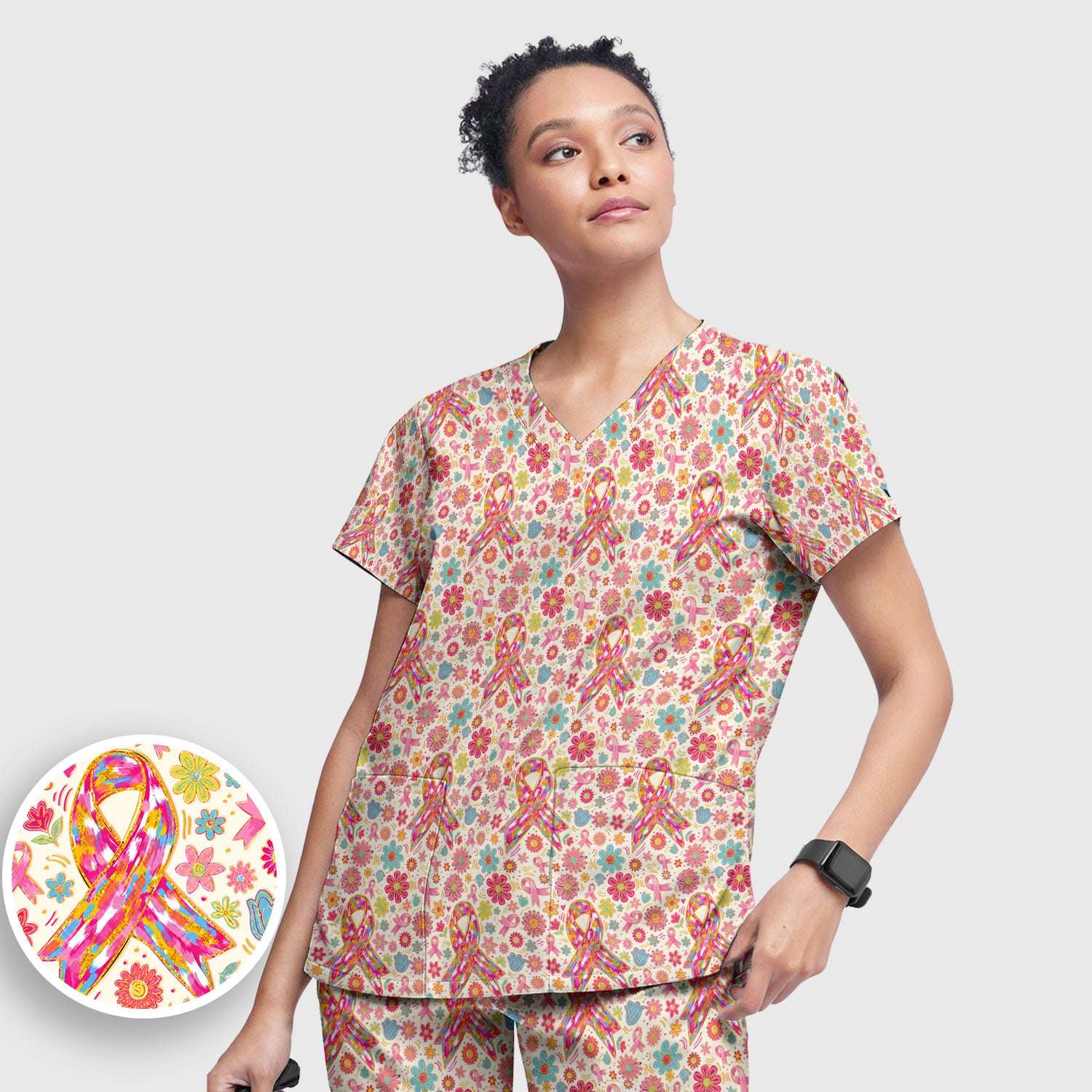 Colorful Pink Ribbon Floral Scrub Set, Scrub Pants and V Neck Top