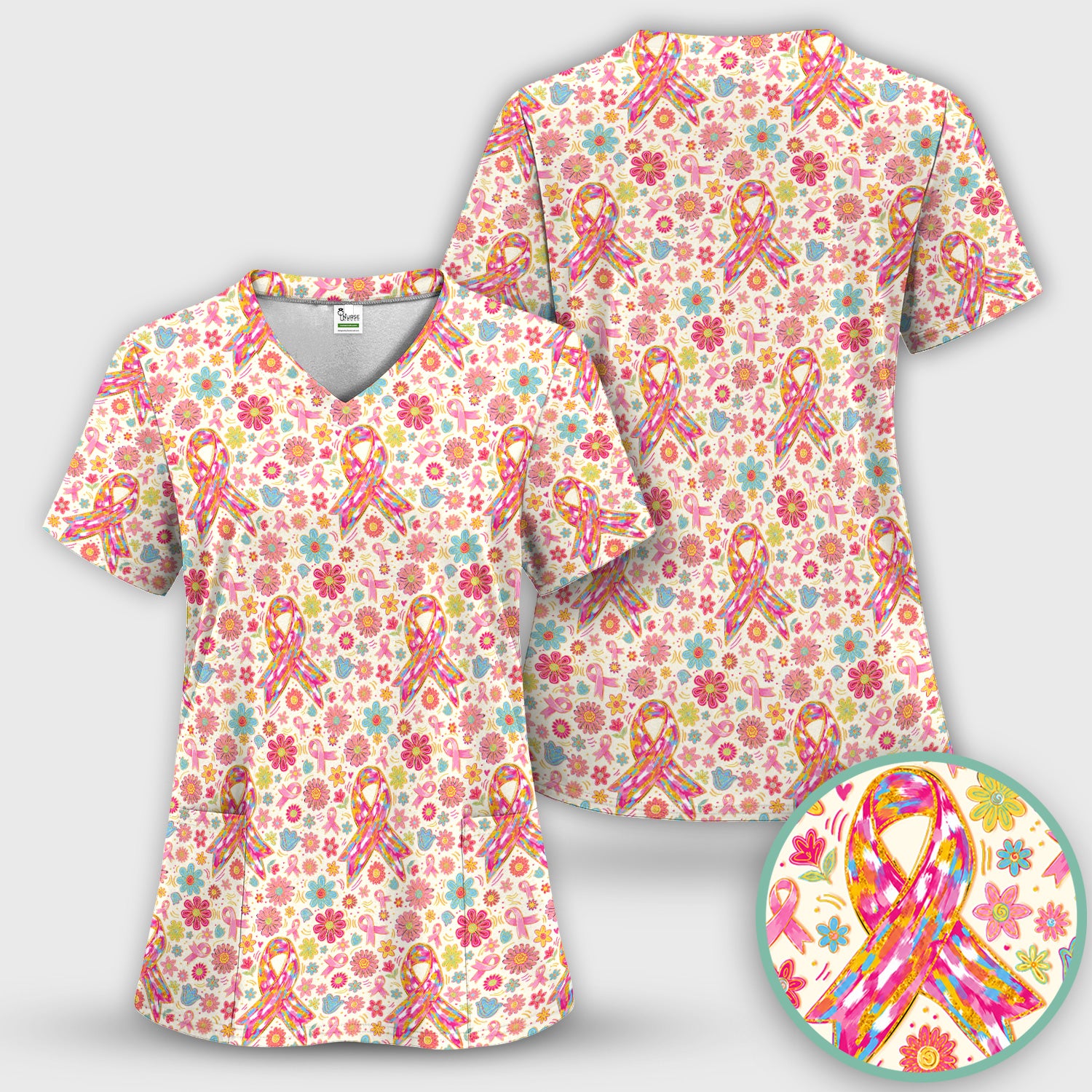 Colorful Pink Ribbon Floral Scrub Set, Scrub Pants and V Neck Top