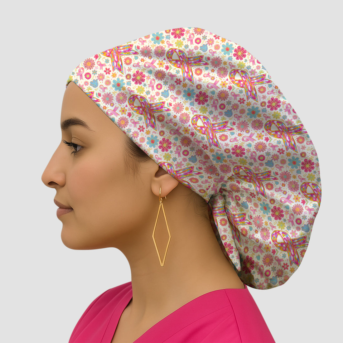 Colorful Pink Ribbon Floral Scrub Cap, Surgical Caps for Doctors