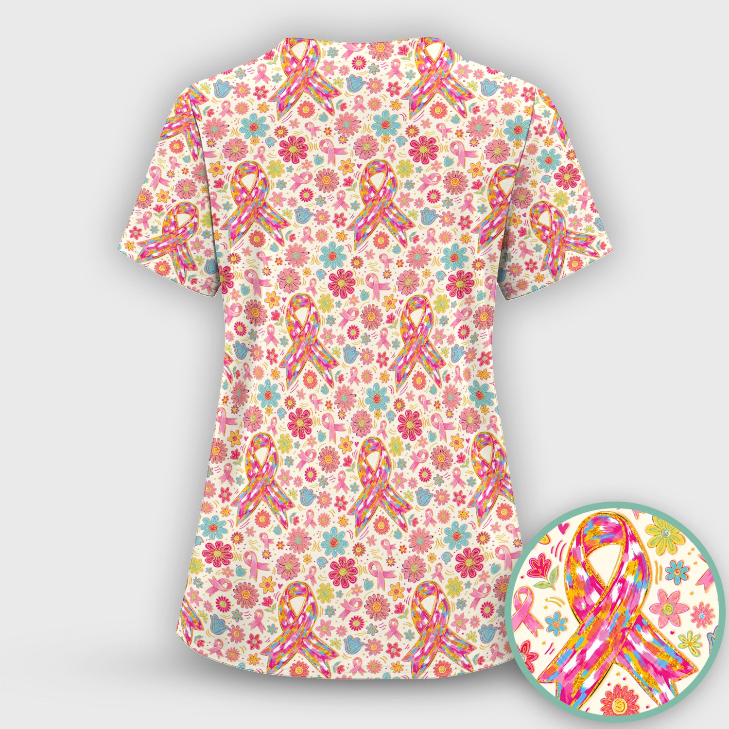 Colorful Pink Ribbon Floral Scrub Set, Scrub Pants and V Neck Top