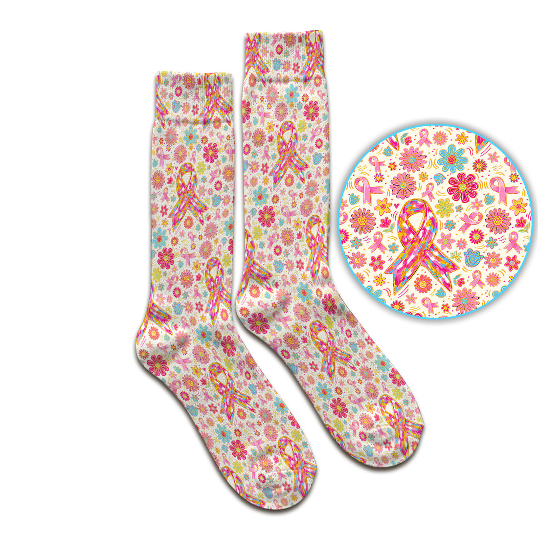 Colorful Pink Ribbon Floral Socks, Adult Socks for Men and Women
