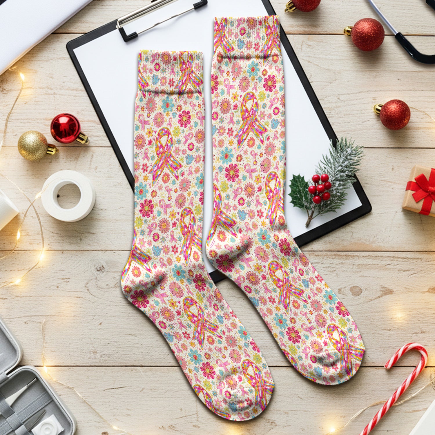 Colorful Pink Ribbon Floral Socks, Adult Socks for Men and Women