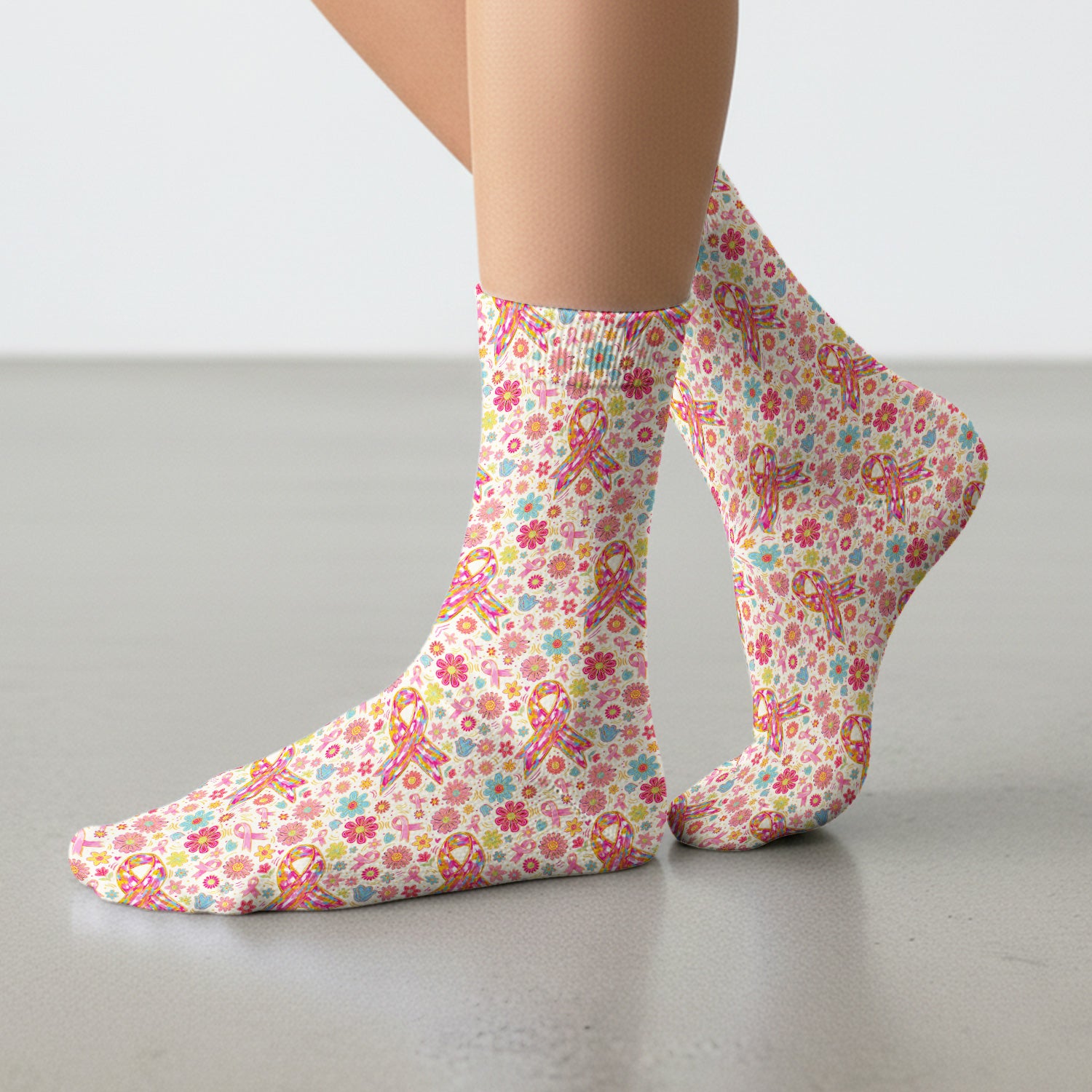 Colorful Pink Ribbon Floral Socks, Adult Socks for Men and Women
