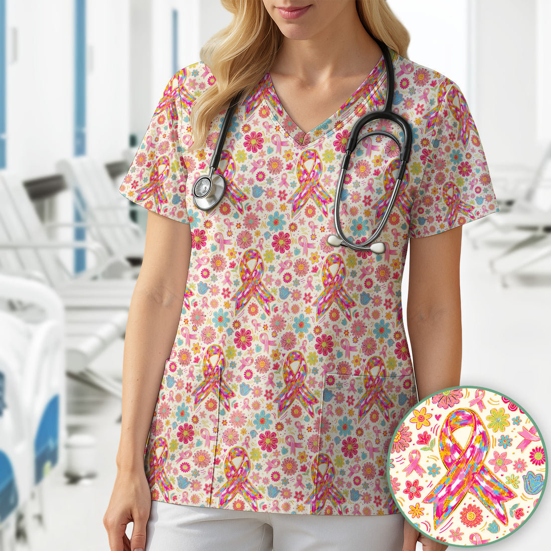Colorful Pink Ribbon Floral Breast Cancer Scrub Top, Comfortable Scrubs for Nurses