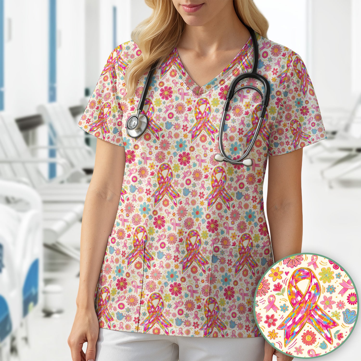 Colorful Pink Ribbon Floral Breast Cancer Scrub Top, Comfortable Scrubs for Nurses