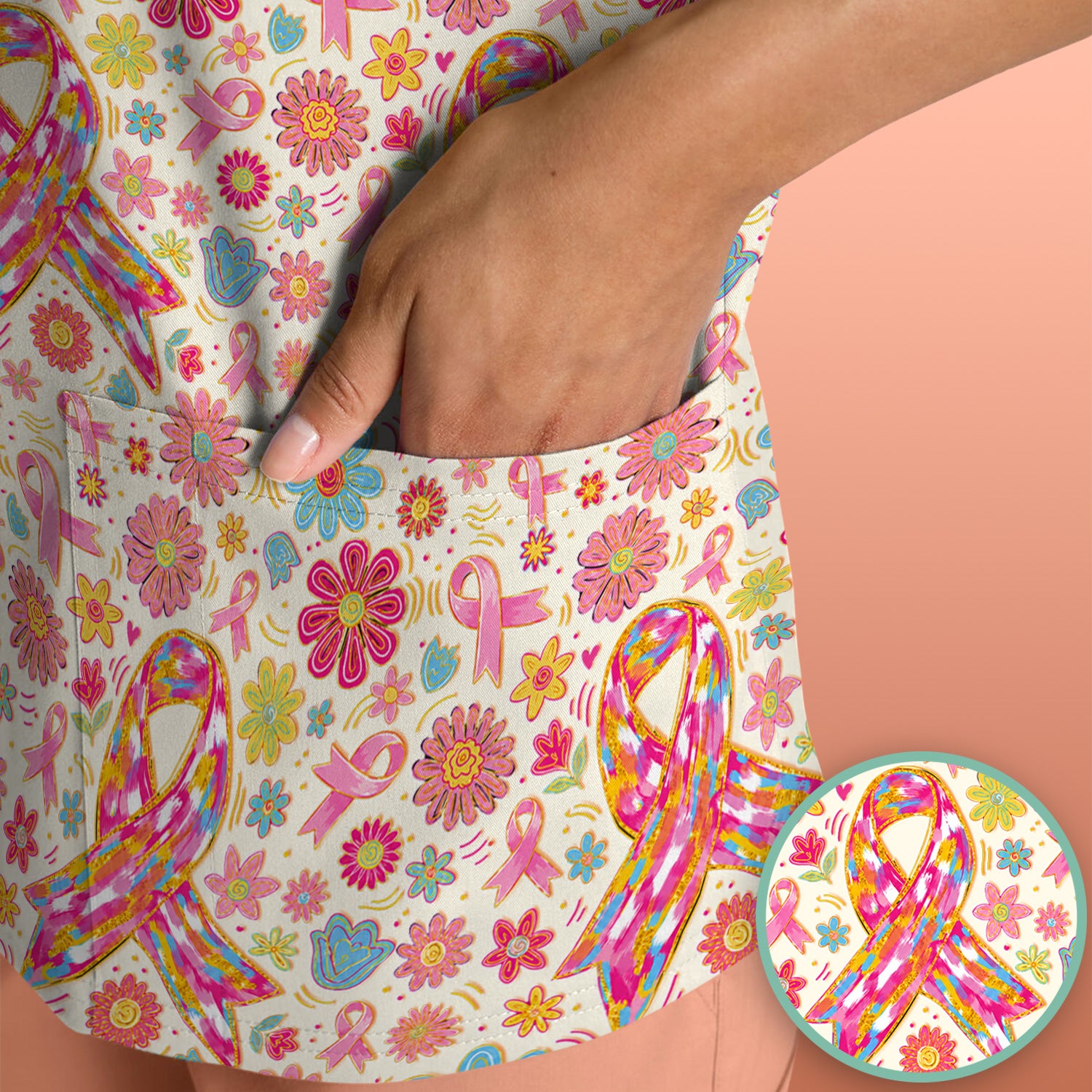 Colorful Pink Ribbon Floral Breast Cancer Scrub Top, Comfortable Scrubs for Nurses