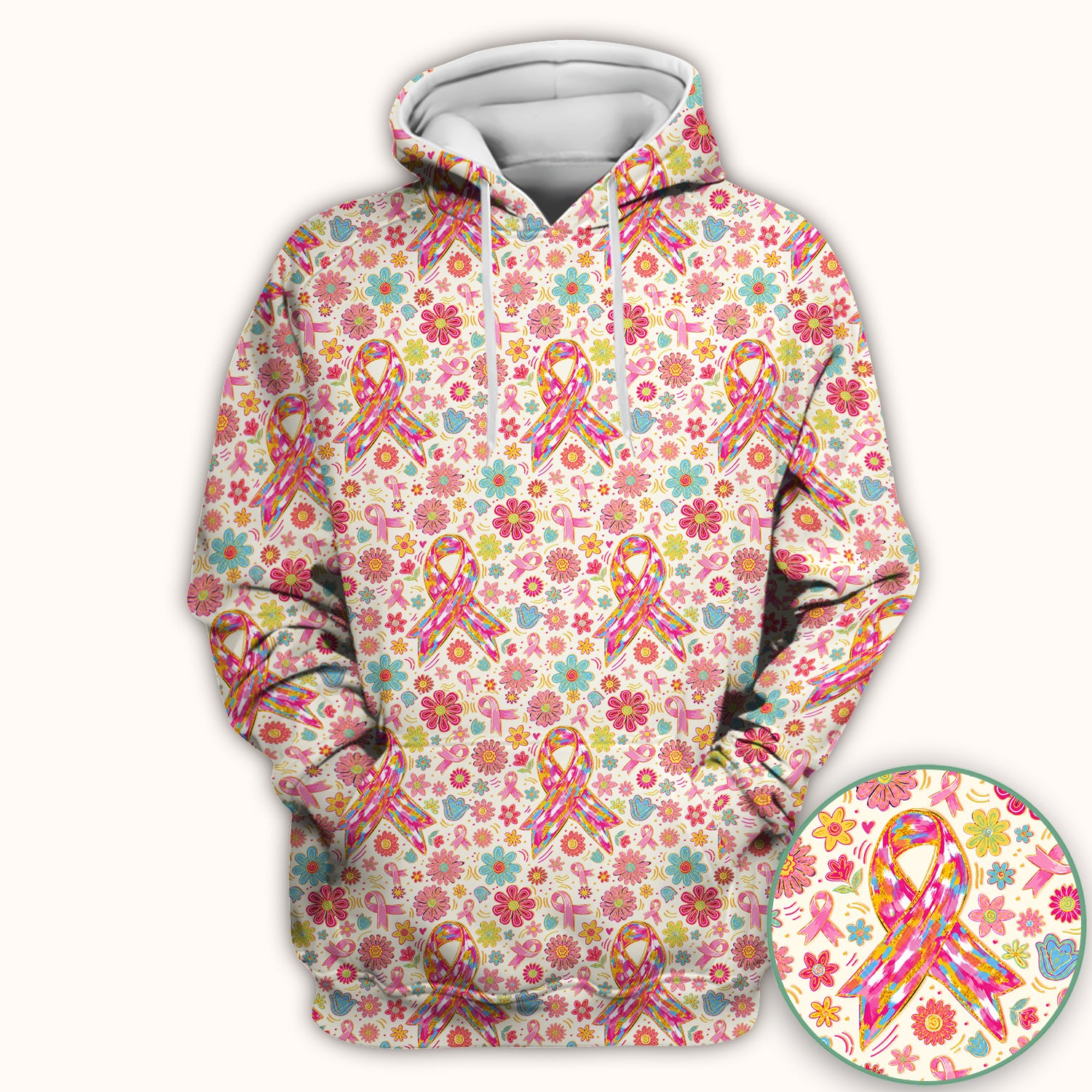 Colorful Pink Ribbon Floral Breast Cancer Scrub Top, Comfortable Scrubs for Nurses