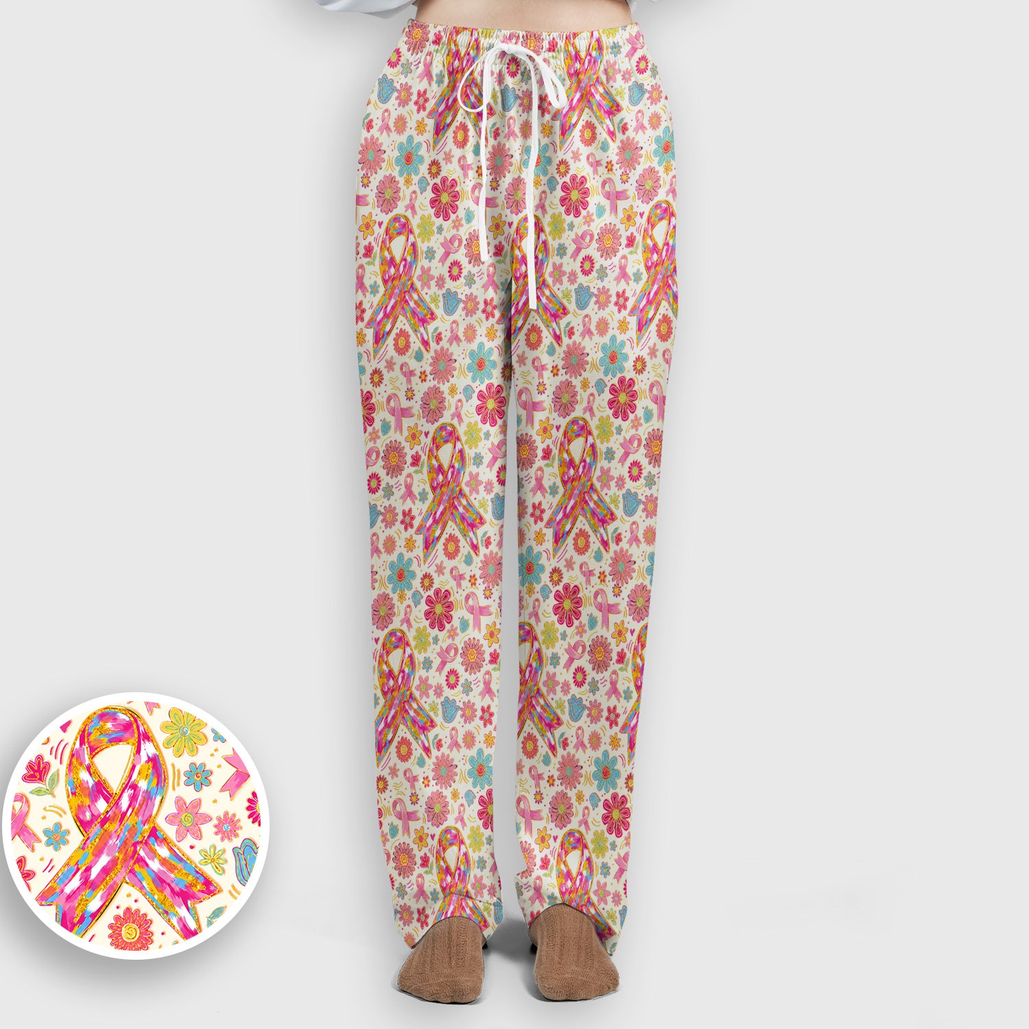Colorful Pink Ribbon Floral Scrub Set, Scrub Pants and V Neck Top