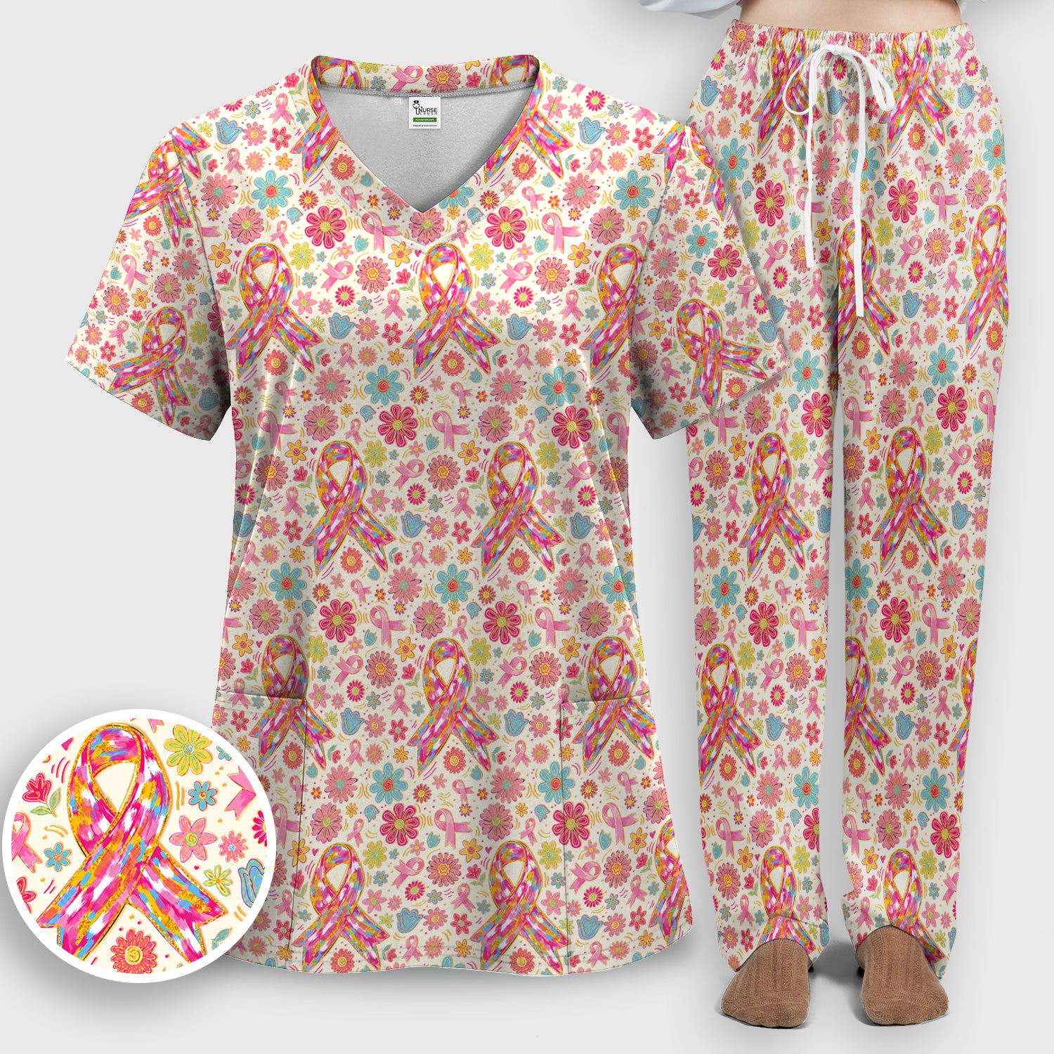 Colorful Pink Ribbon Floral Scrub Set, Scrub Pants and V Neck Top