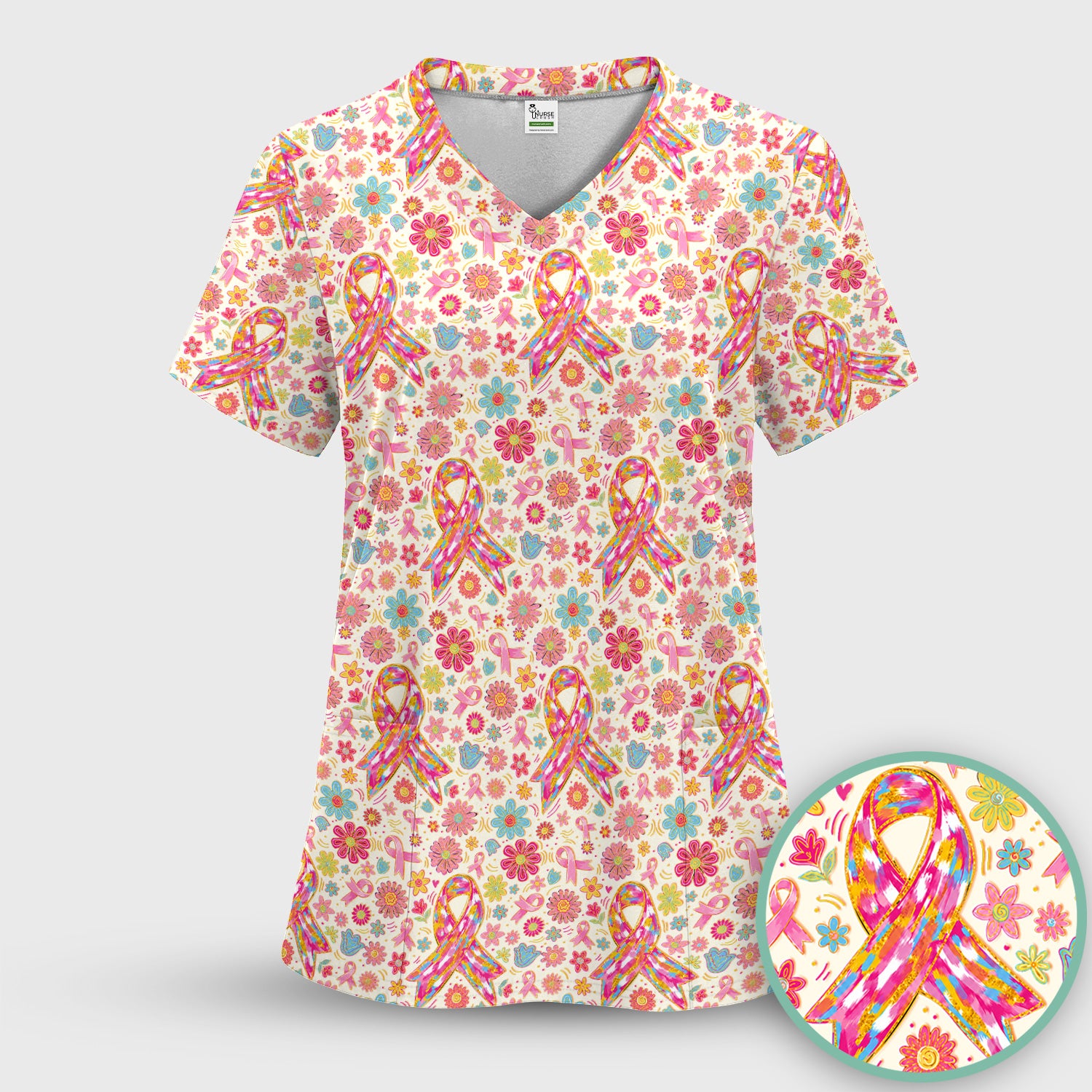 Colorful Pink Ribbon Floral Scrub Set, Scrub Pants and V Neck Top