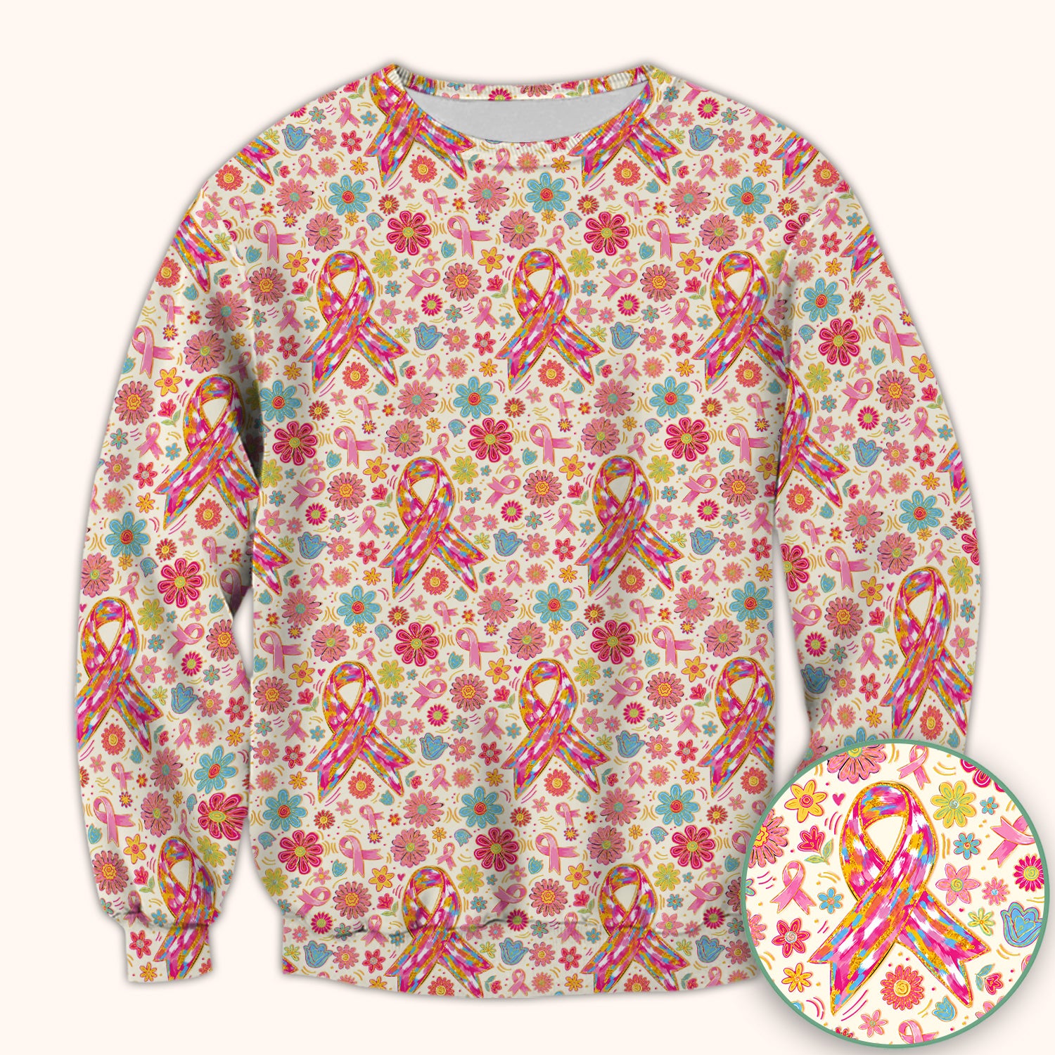 Colorful Pink Ribbon Floral Breast Cancer Scrub Top, Comfortable Scrubs for Nurses