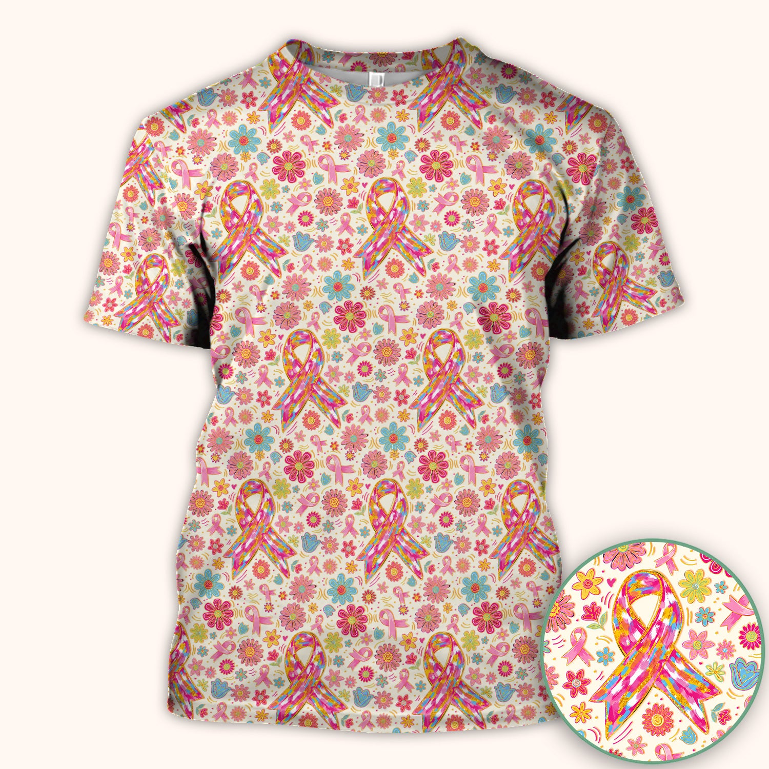 Colorful Pink Ribbon Floral Breast Cancer Scrub Top, Comfortable Scrubs for Nurses