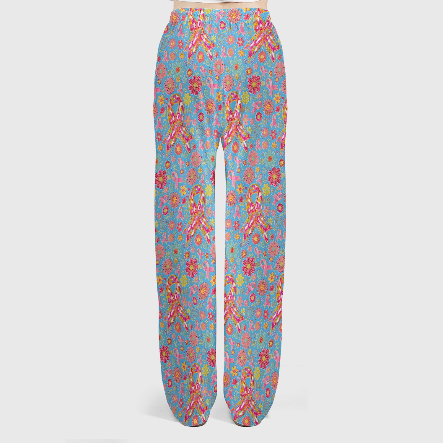 Colorful Pink Ribbon Floral Scrub Set, Scrub Pants and V Neck Top