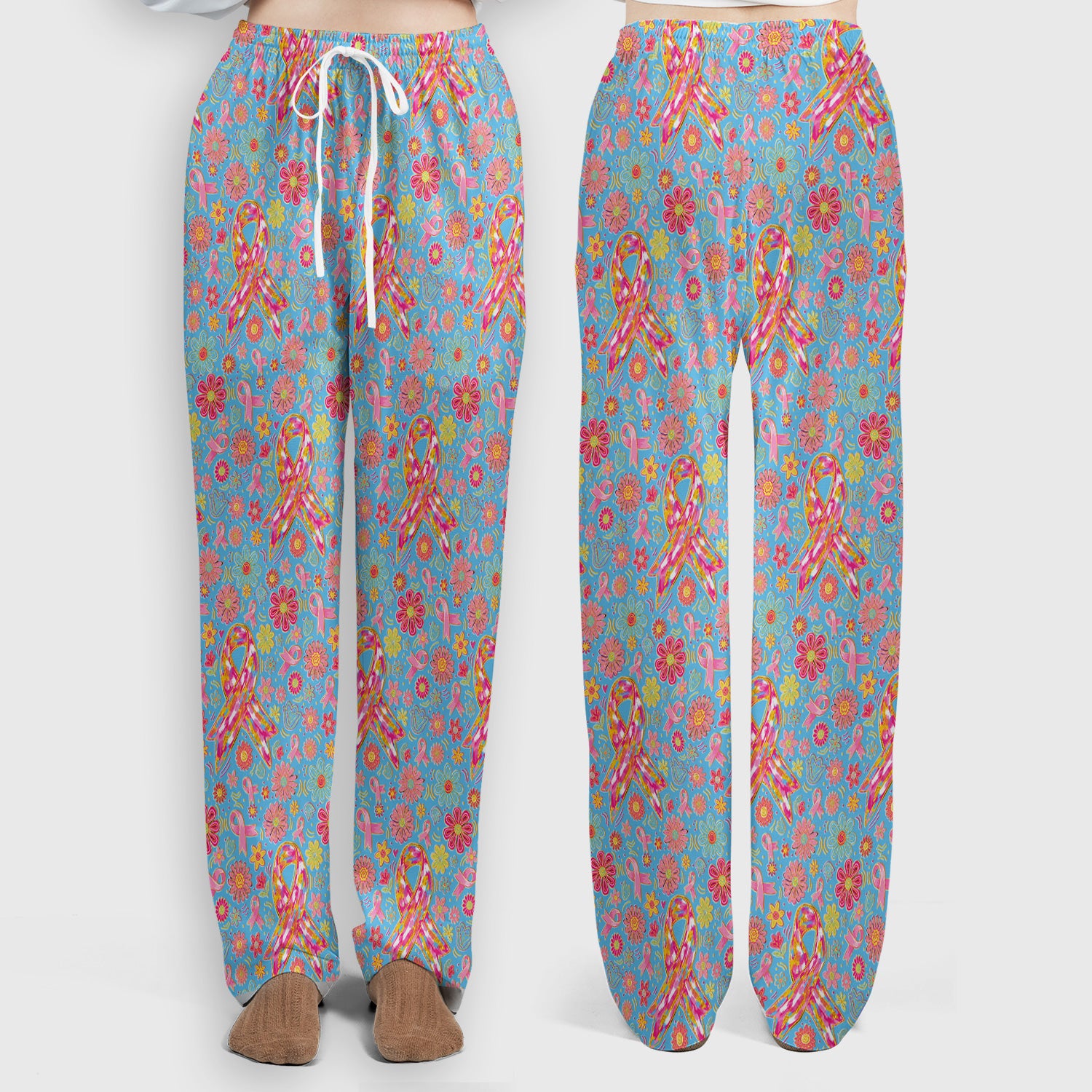 Colorful Pink Ribbon Floral Scrub Set, Scrub Pants and V Neck Top