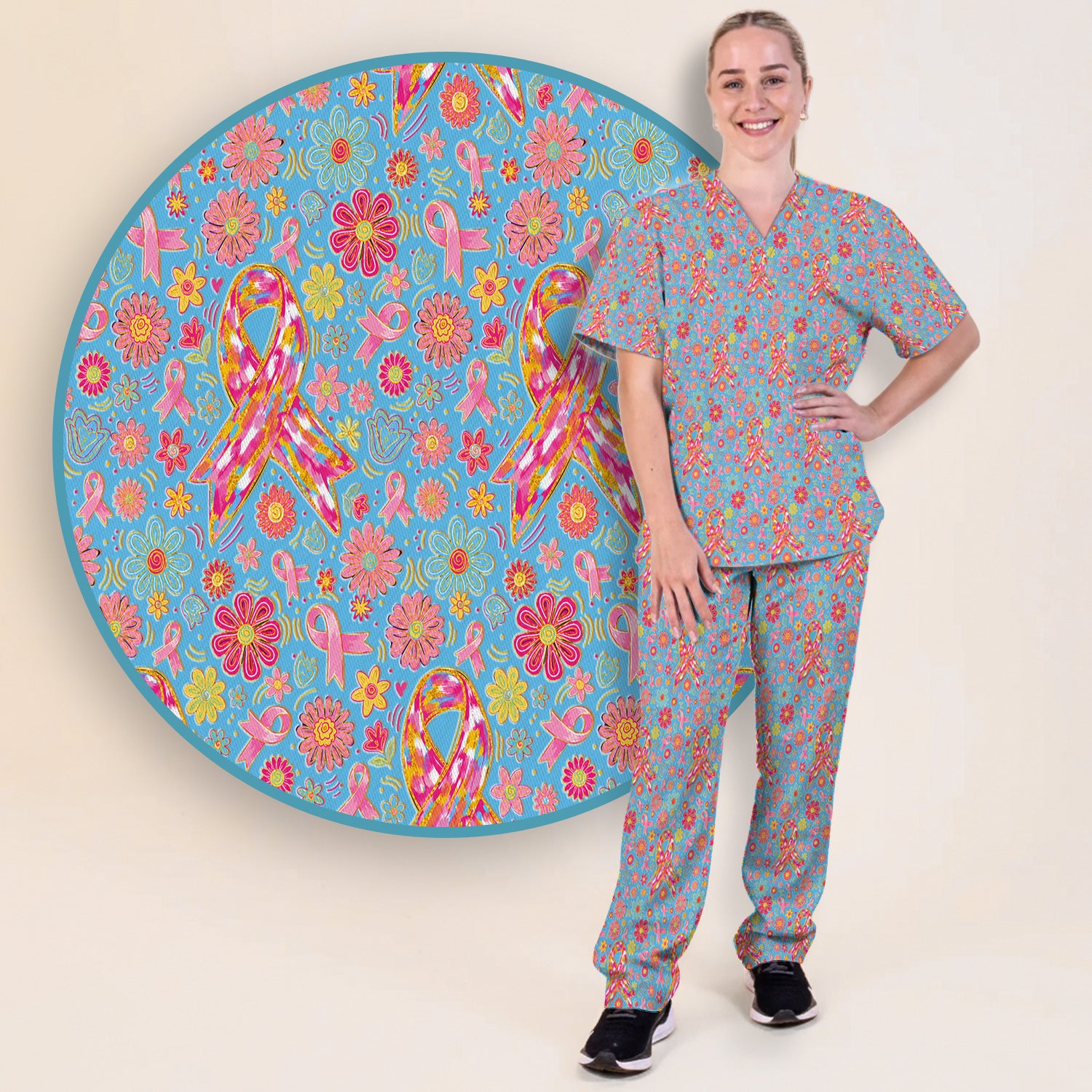 Colorful Pink Ribbon Floral Scrub Set, Scrub Pants and V Neck Top
