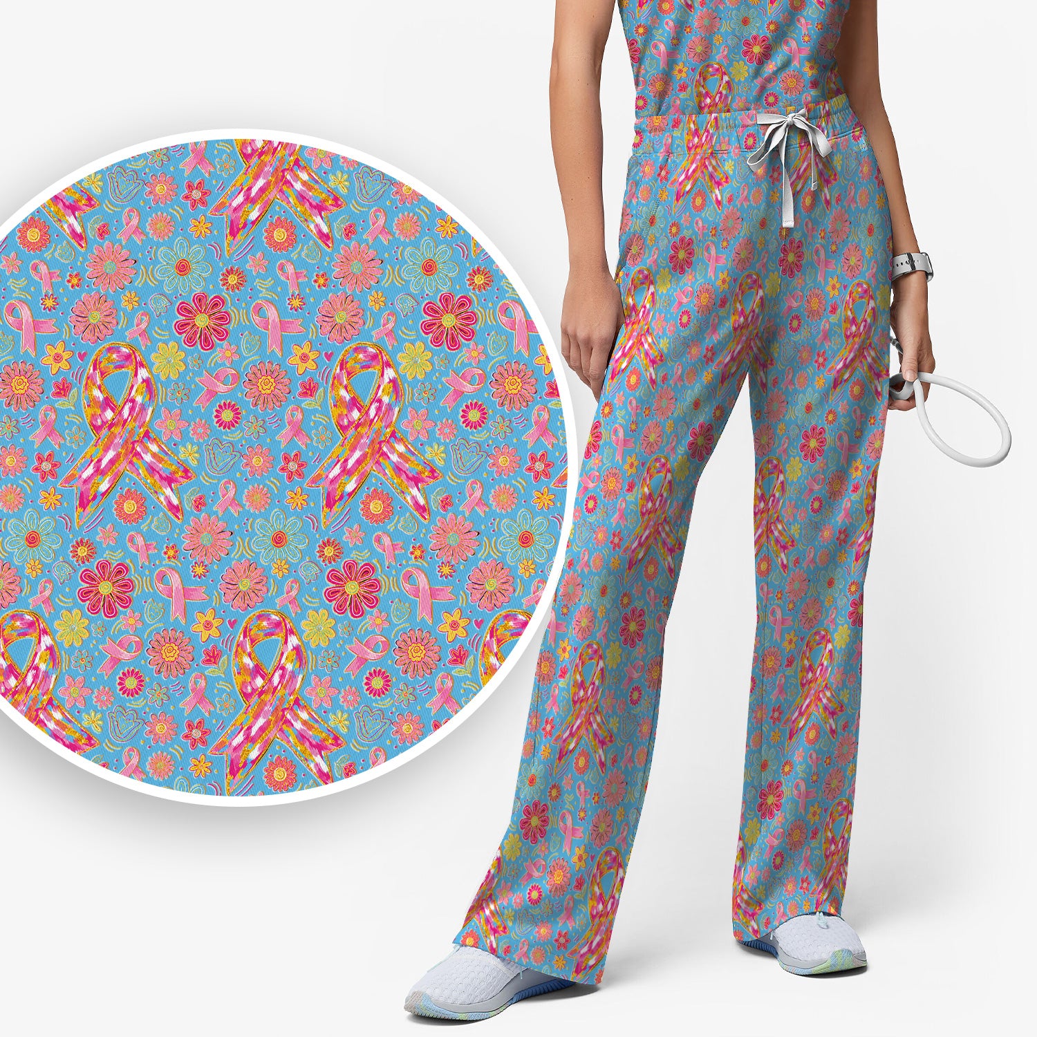 Colorful Pink Ribbon Floral Scrub Set, Scrub Pants and V Neck Top