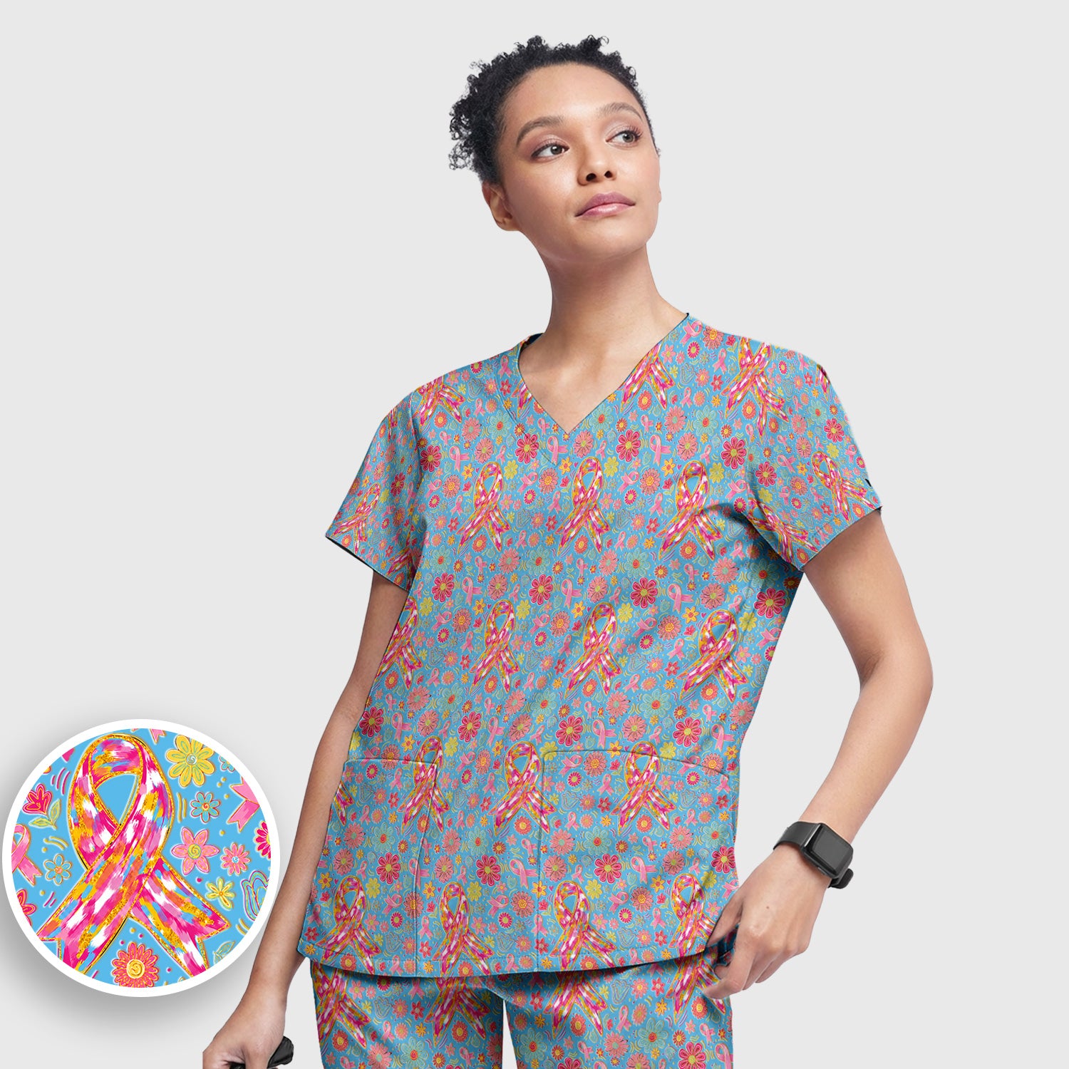 Colorful Pink Ribbon Floral Scrub Set, Scrub Pants and V Neck Top