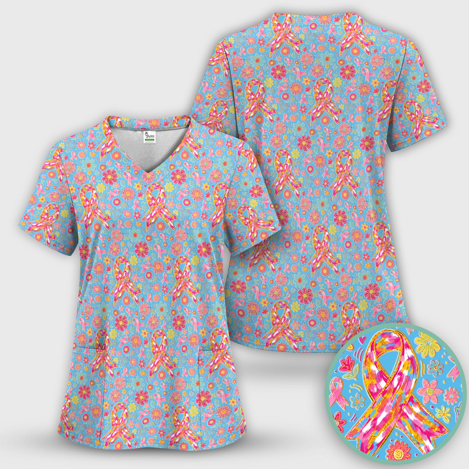 Colorful Pink Ribbon Floral Scrub Set, Scrub Pants and V Neck Top