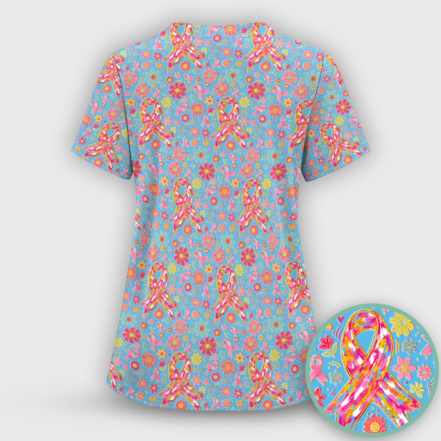 Colorful Pink Ribbon Floral Scrub Set, Scrub Pants and V Neck Top
