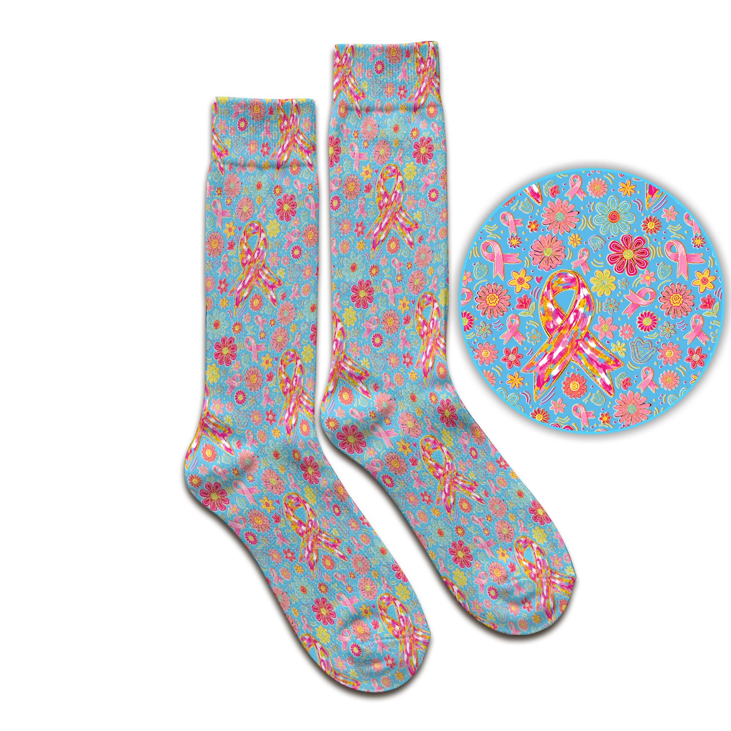 Colorful Pink Ribbon Floral Socks, Adult Socks for Men and Women