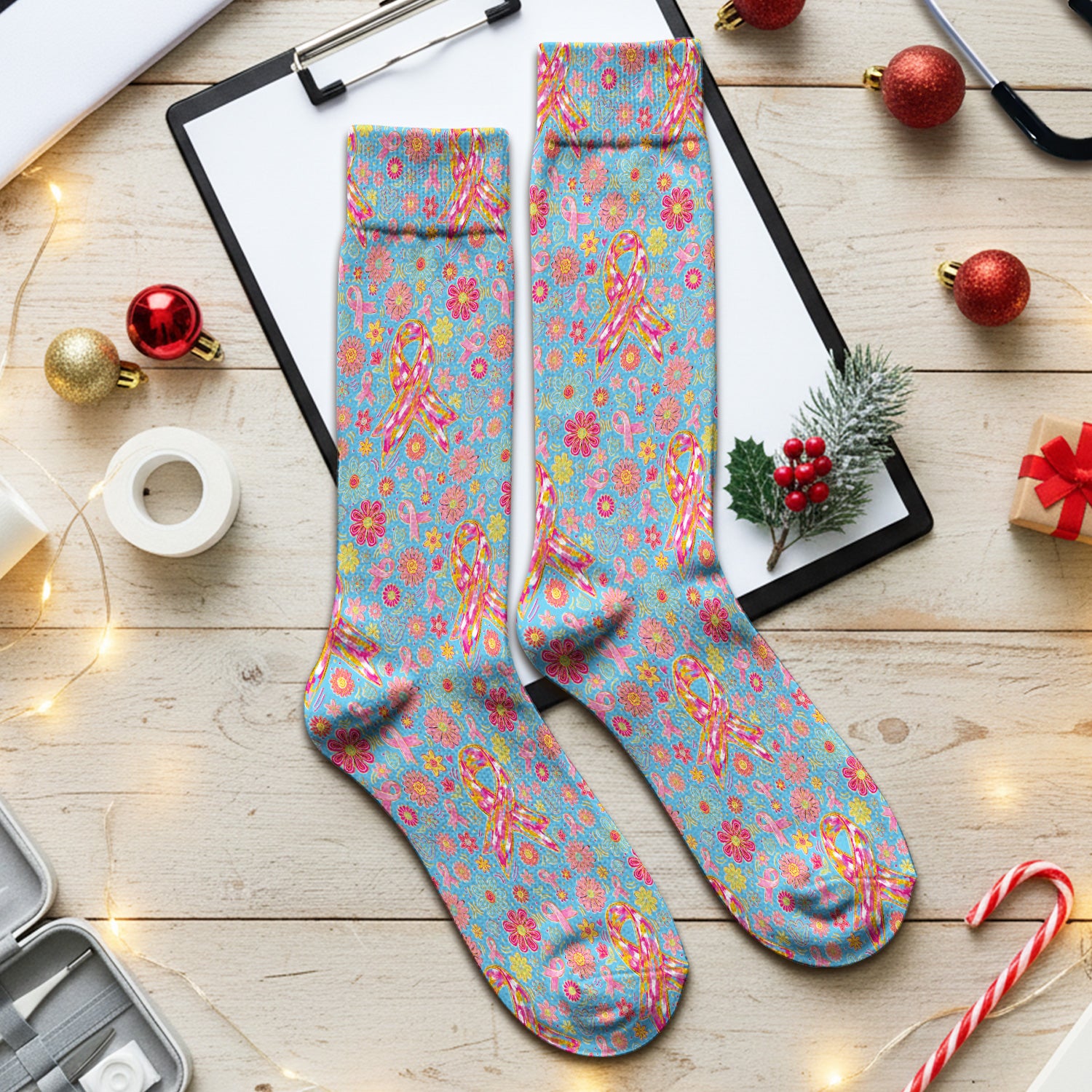 Colorful Pink Ribbon Floral Socks, Adult Socks for Men and Women