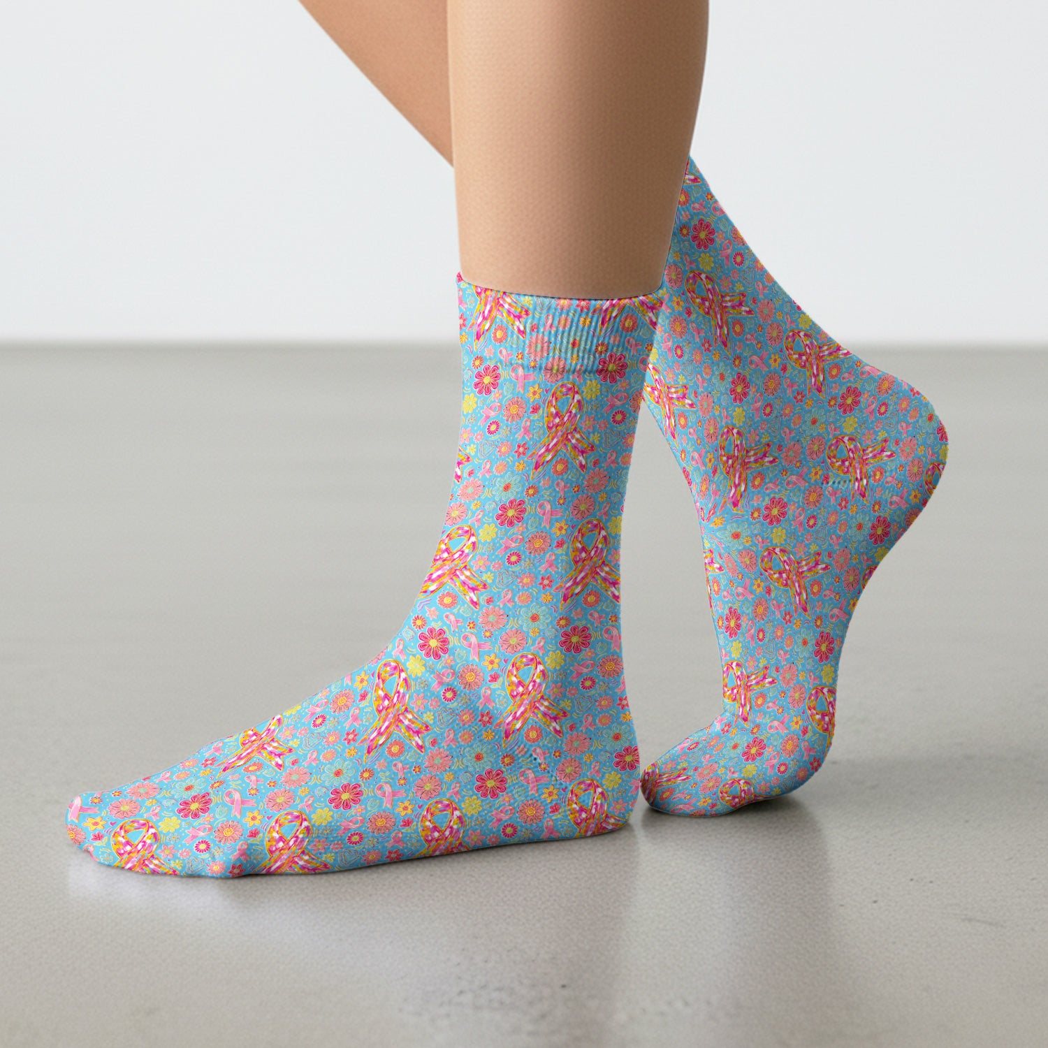 Colorful Pink Ribbon Floral Socks, Adult Socks for Men and Women