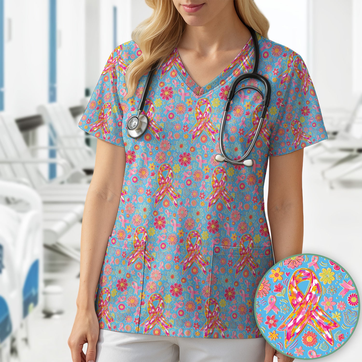 Colorful Pink Ribbon Floral Breast Cancer Scrub Top, Comfortable Scrubs for Nurses