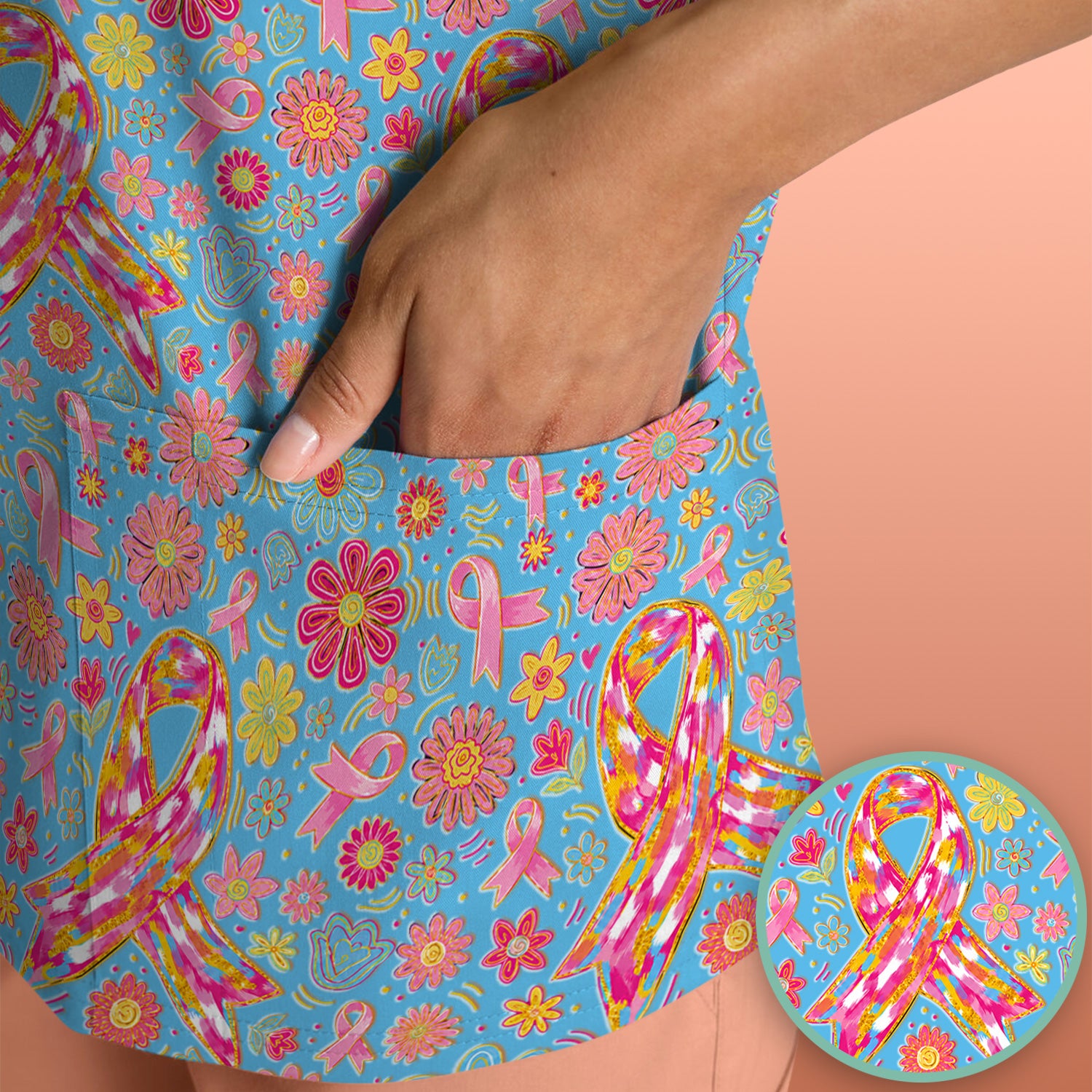 Colorful Pink Ribbon Floral Breast Cancer Scrub Top, Comfortable Scrubs for Nurses