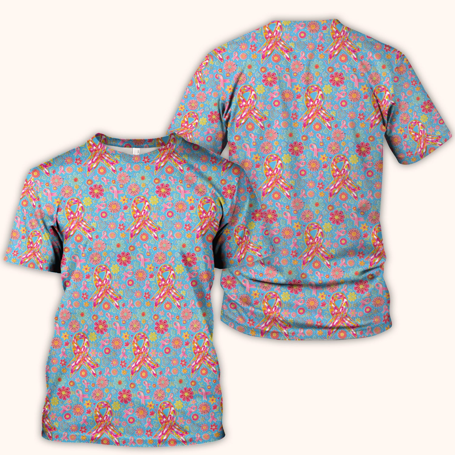 Colorful Pink Ribbon Floral Breast Cancer Scrub Top, Comfortable Scrubs for Nurses