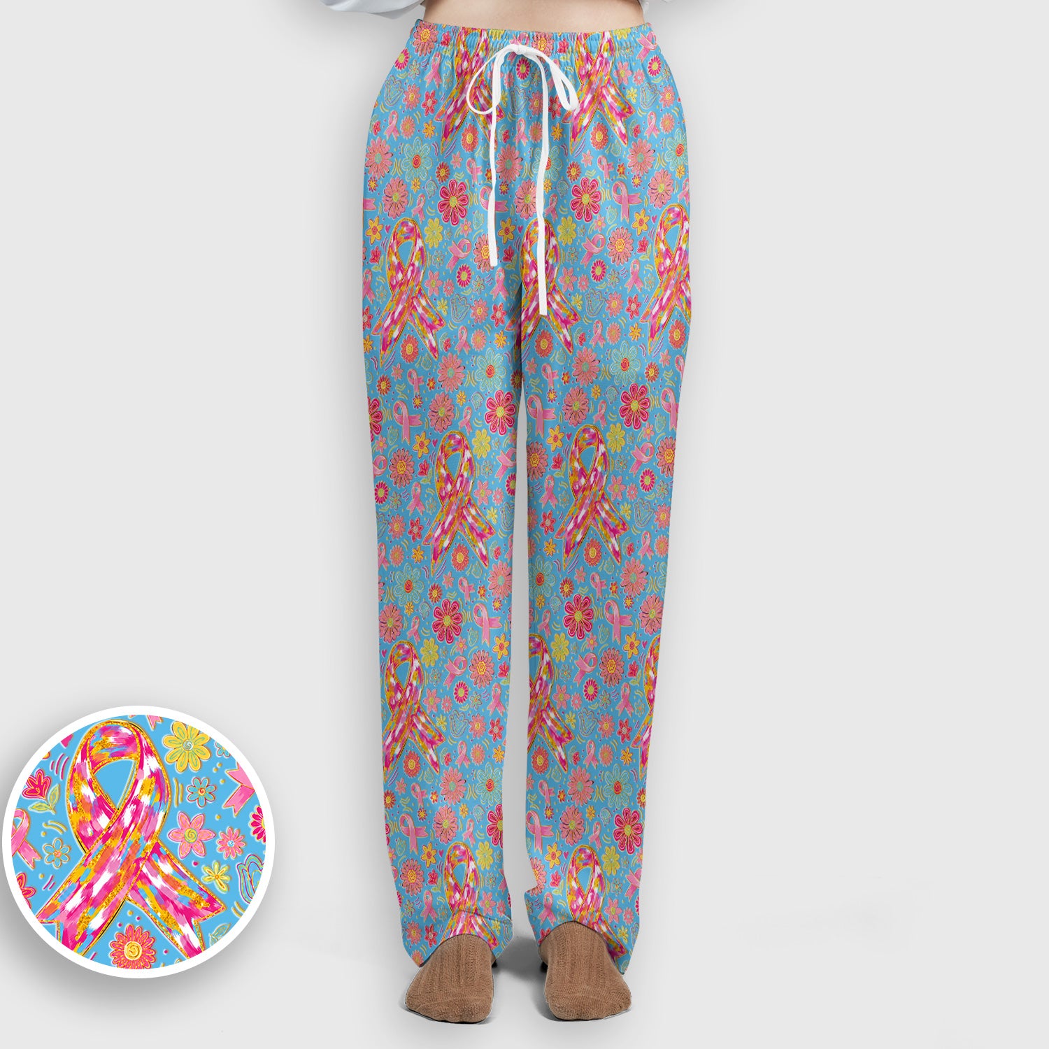 Colorful Pink Ribbon Floral Scrub Set, Scrub Pants and V Neck Top